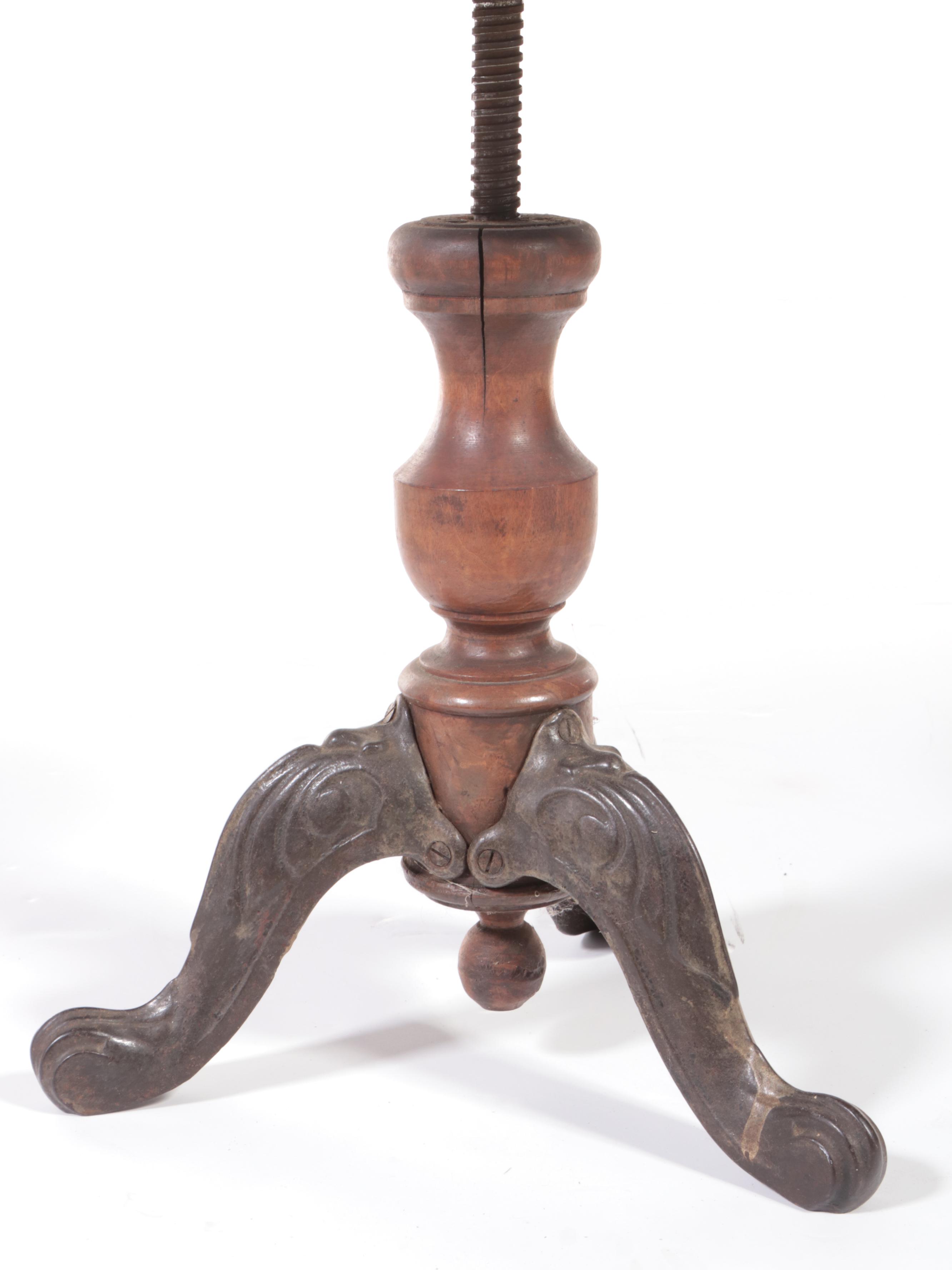 Victorian Iron and Wood Piano Stool with Needlepoint Cover, Circa 1900