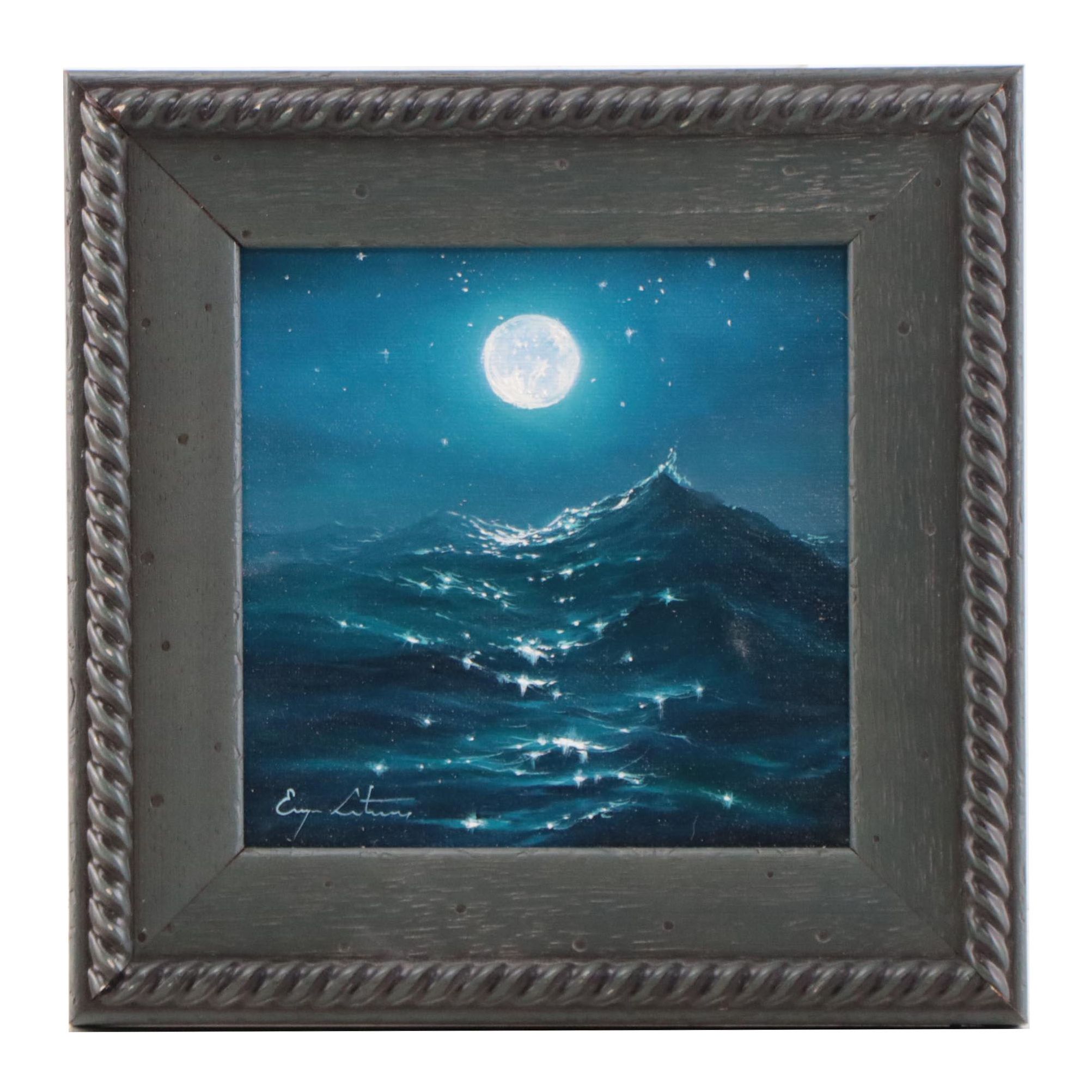 Jevgenijus Litvinas Oil Painting of Ocean and Full Moon