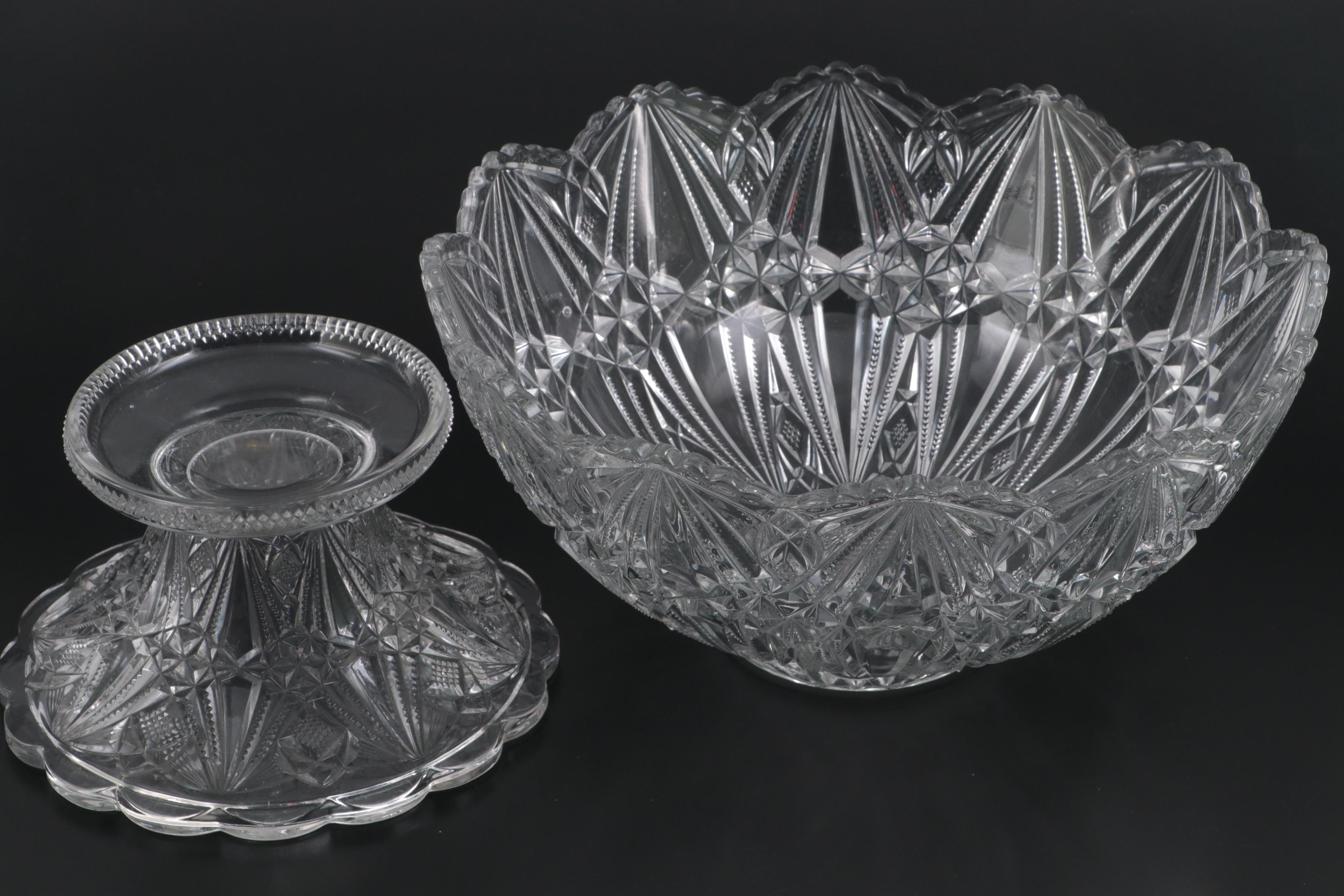 Co-Operative Flint EAPG Punch Bowl, Stand and Cups, Late 19th/ Early 20th C.