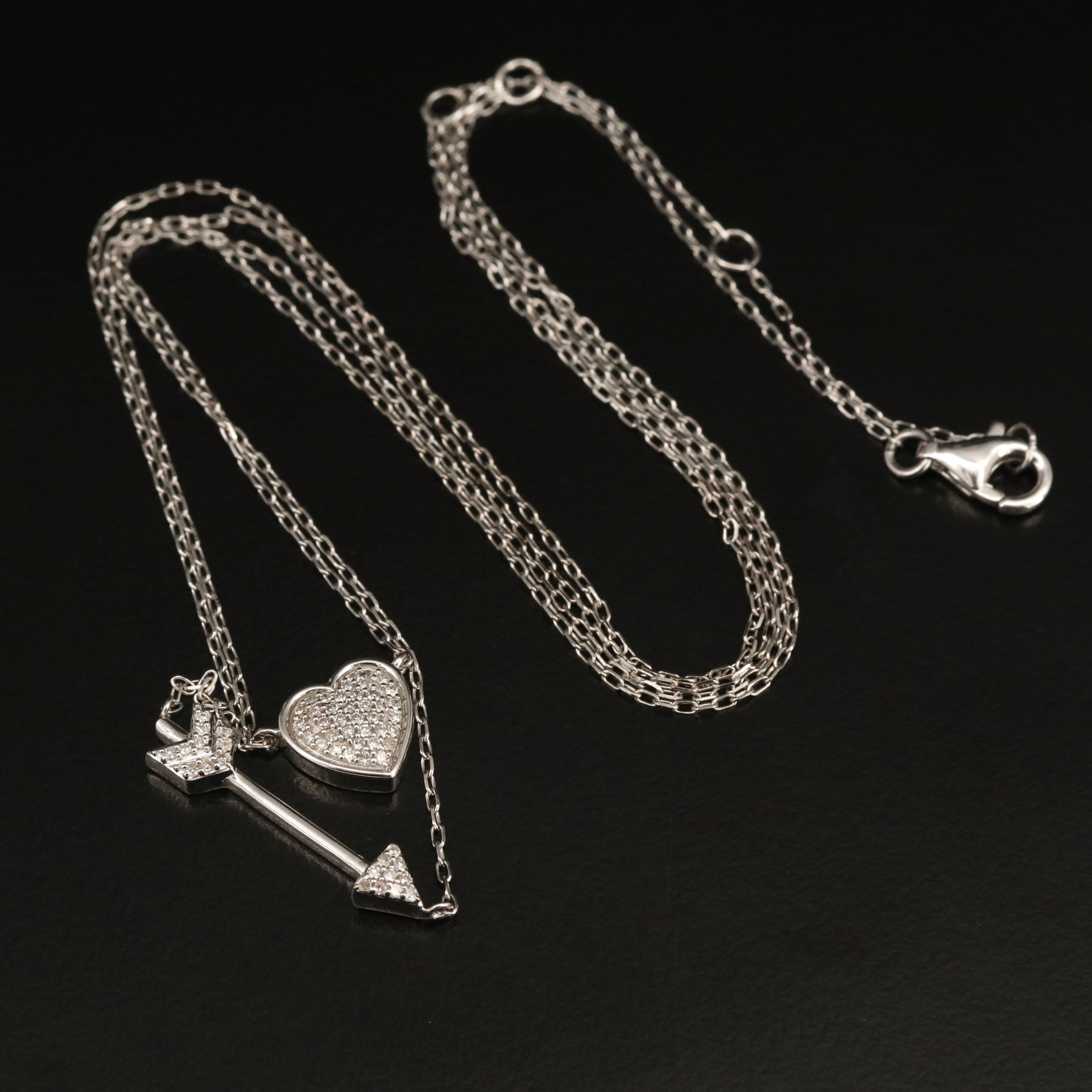 Sterling Diamond Heart and Arrow Pendant on Double Strand Necklace