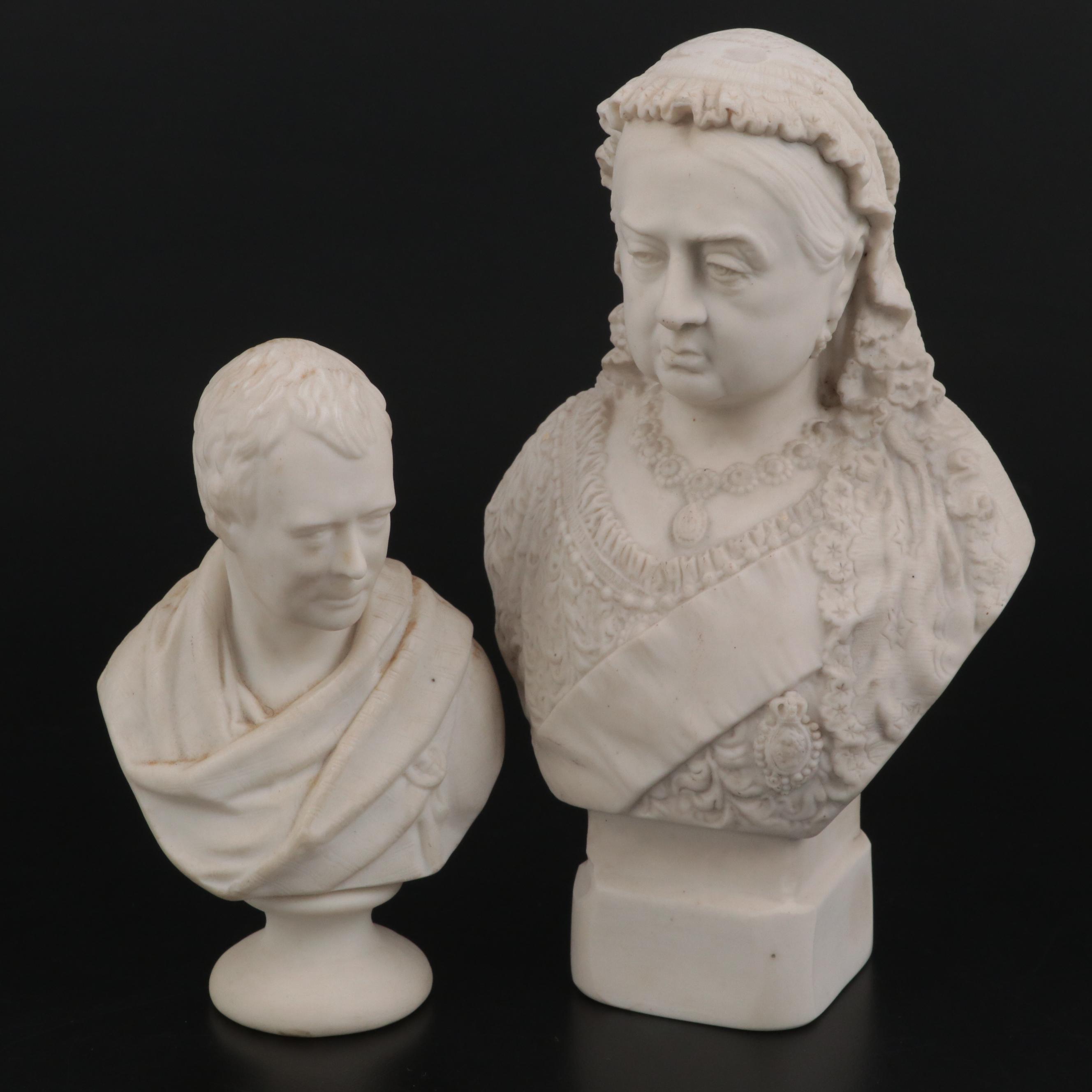 English Parian Busts of Queen Victoria and Lord Byron, Late 19th Century