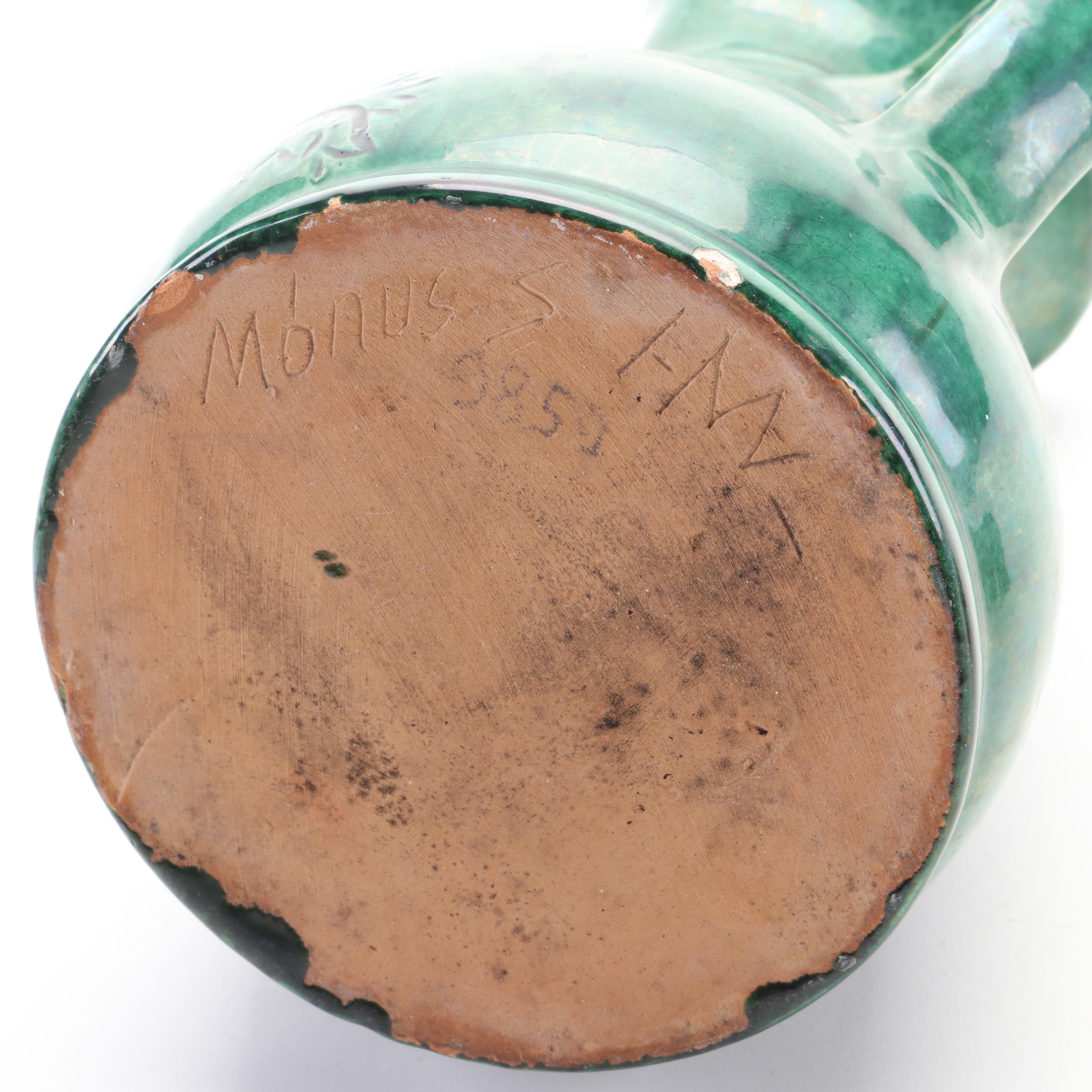 Mónus Ferenc Hungarian Ceramic Miska Soldier Pitcher with Four Shot Glasses