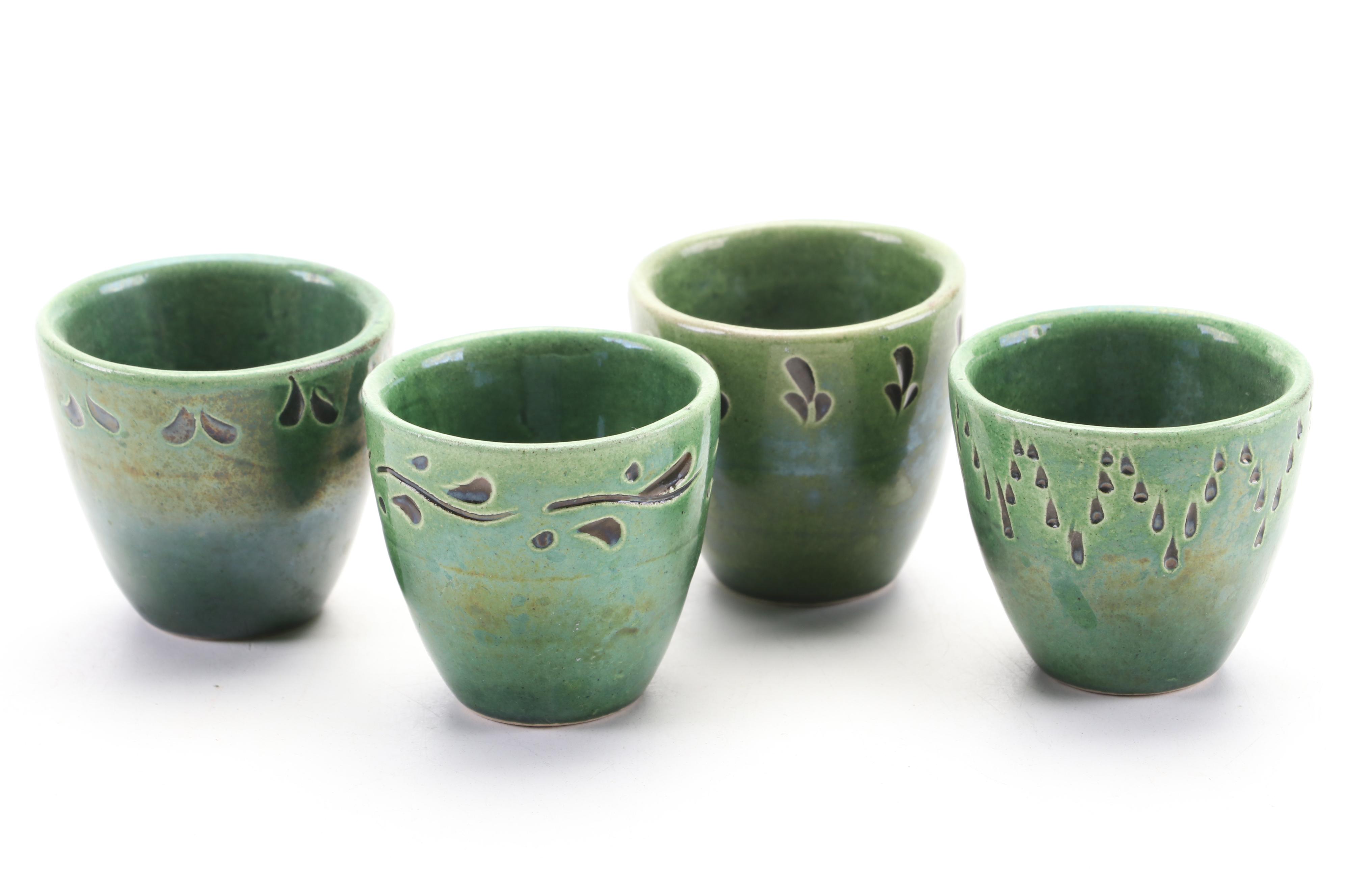 Mónus Ferenc Hungarian Ceramic Miska Soldier Pitcher with Four Shot Glasses