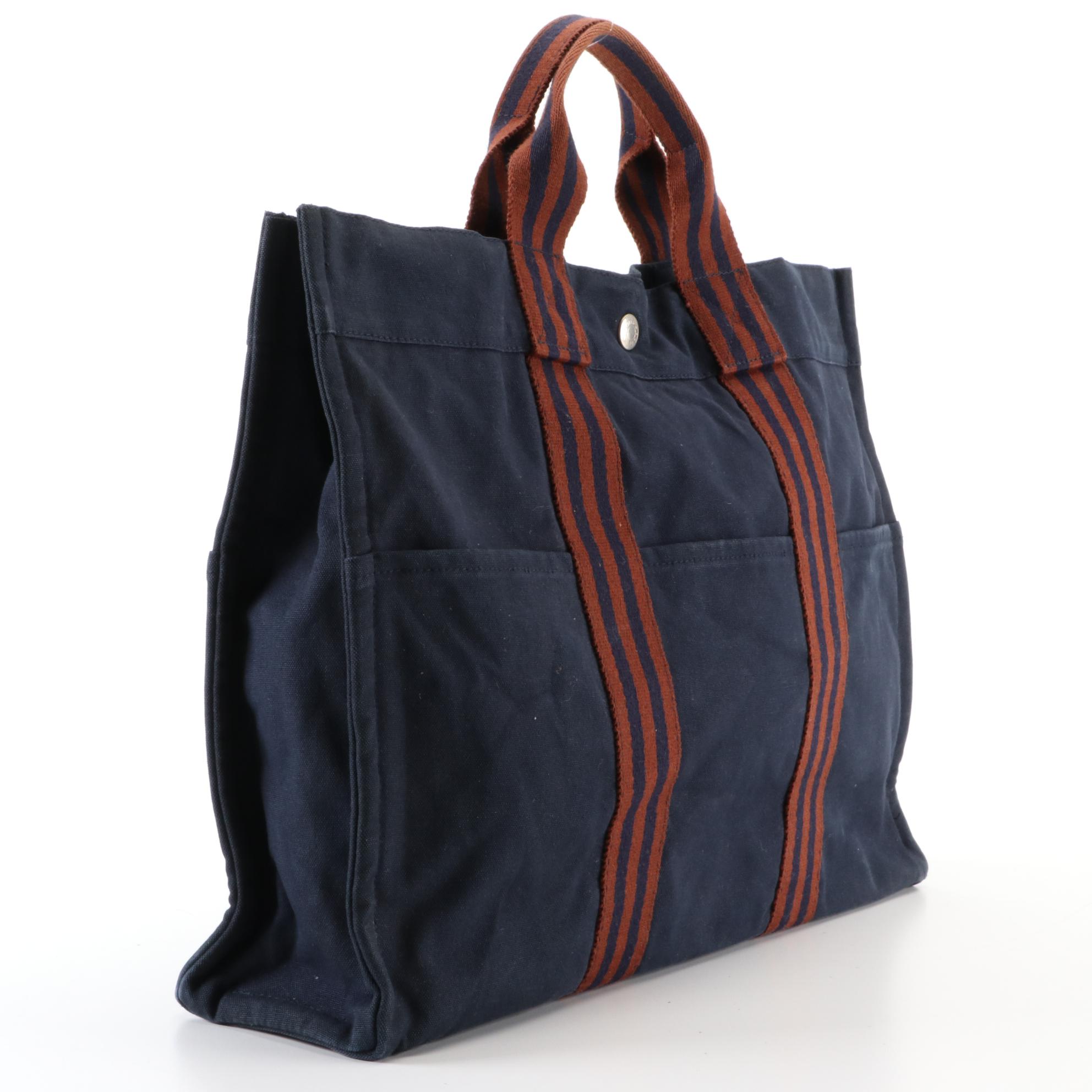 Hermès Fourre Tout MM Tote in Navy and Brown Cotton Canvas