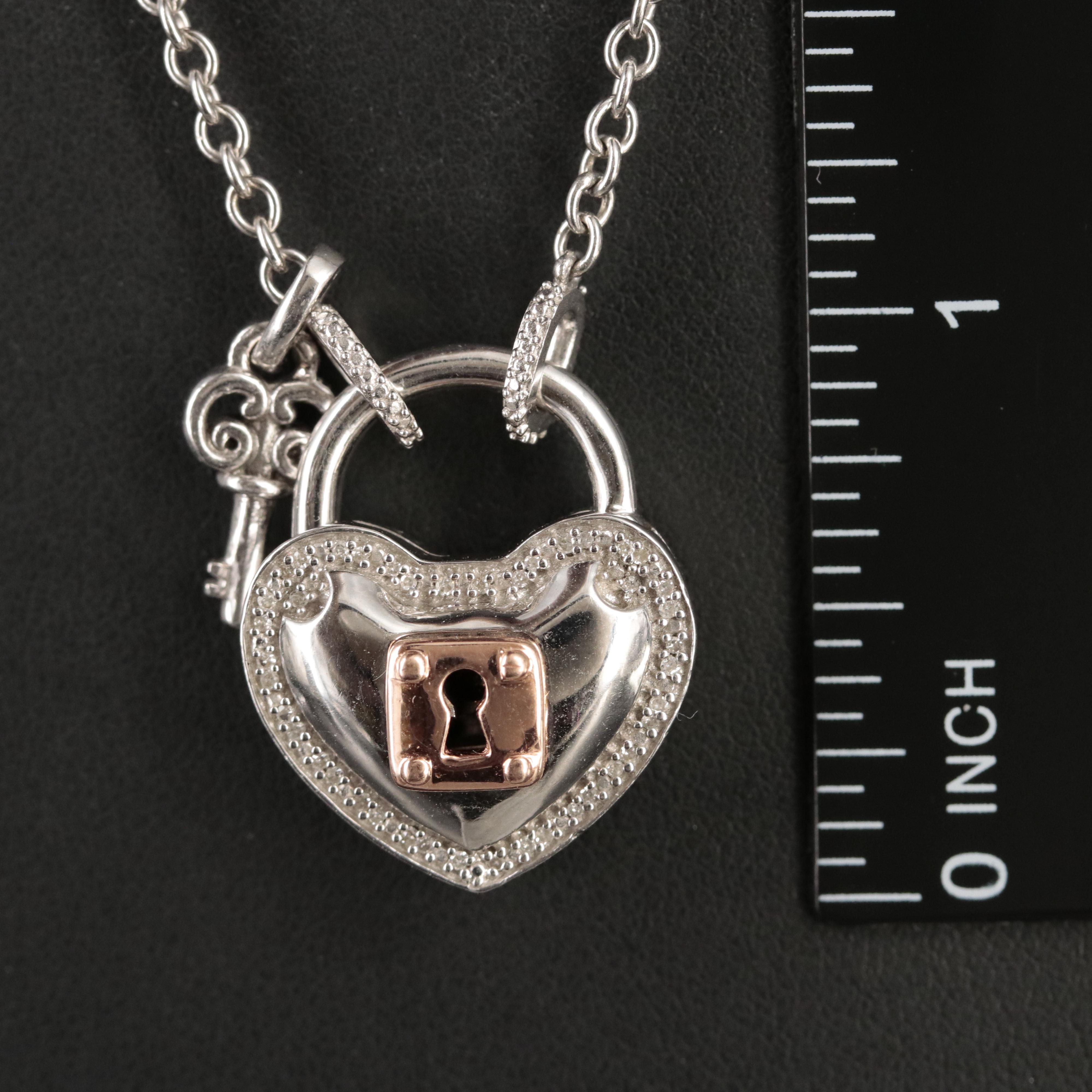 Sterling Diamond Heart Lock with Key Pendant Necklace