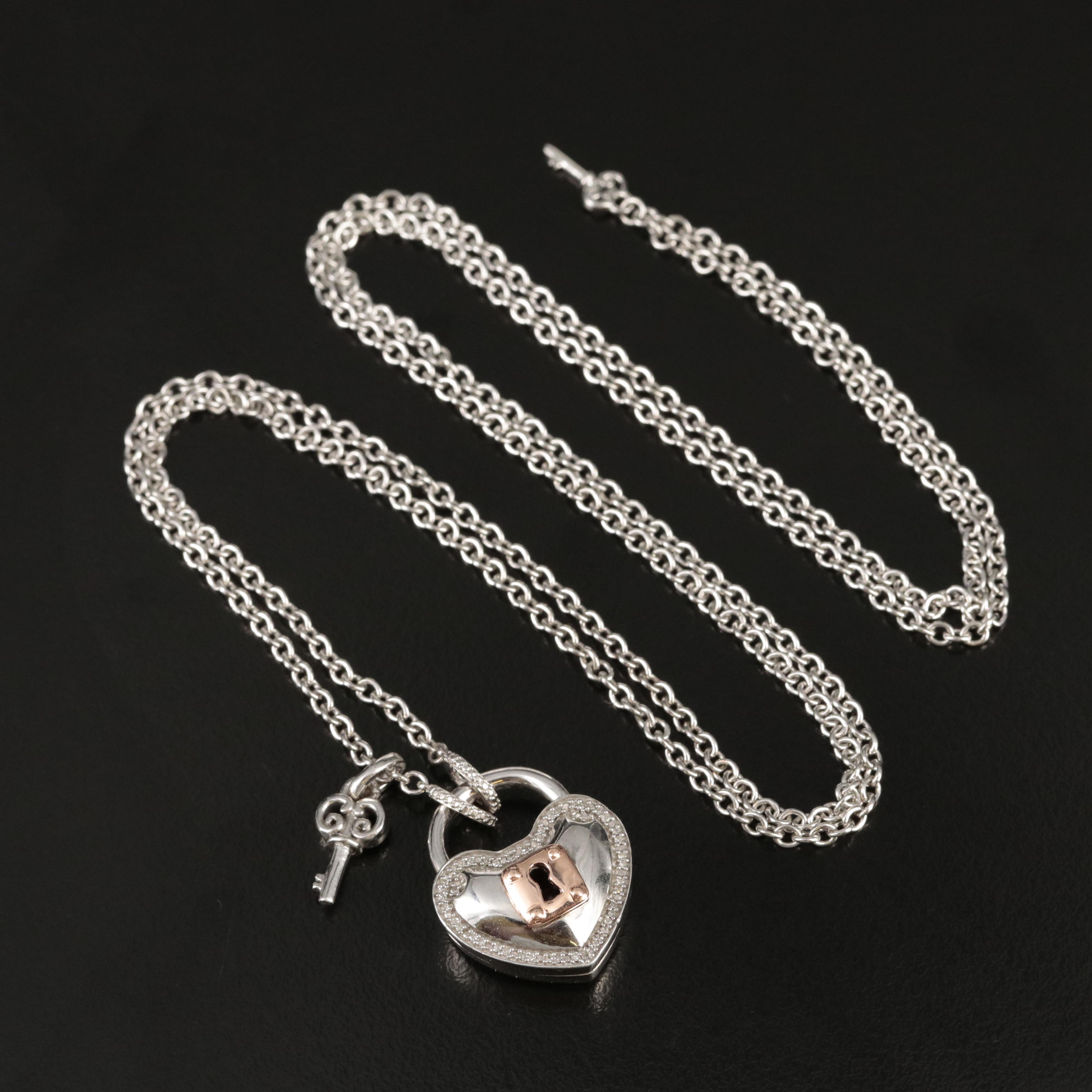 Sterling Diamond Heart Lock with Key Pendant Necklace