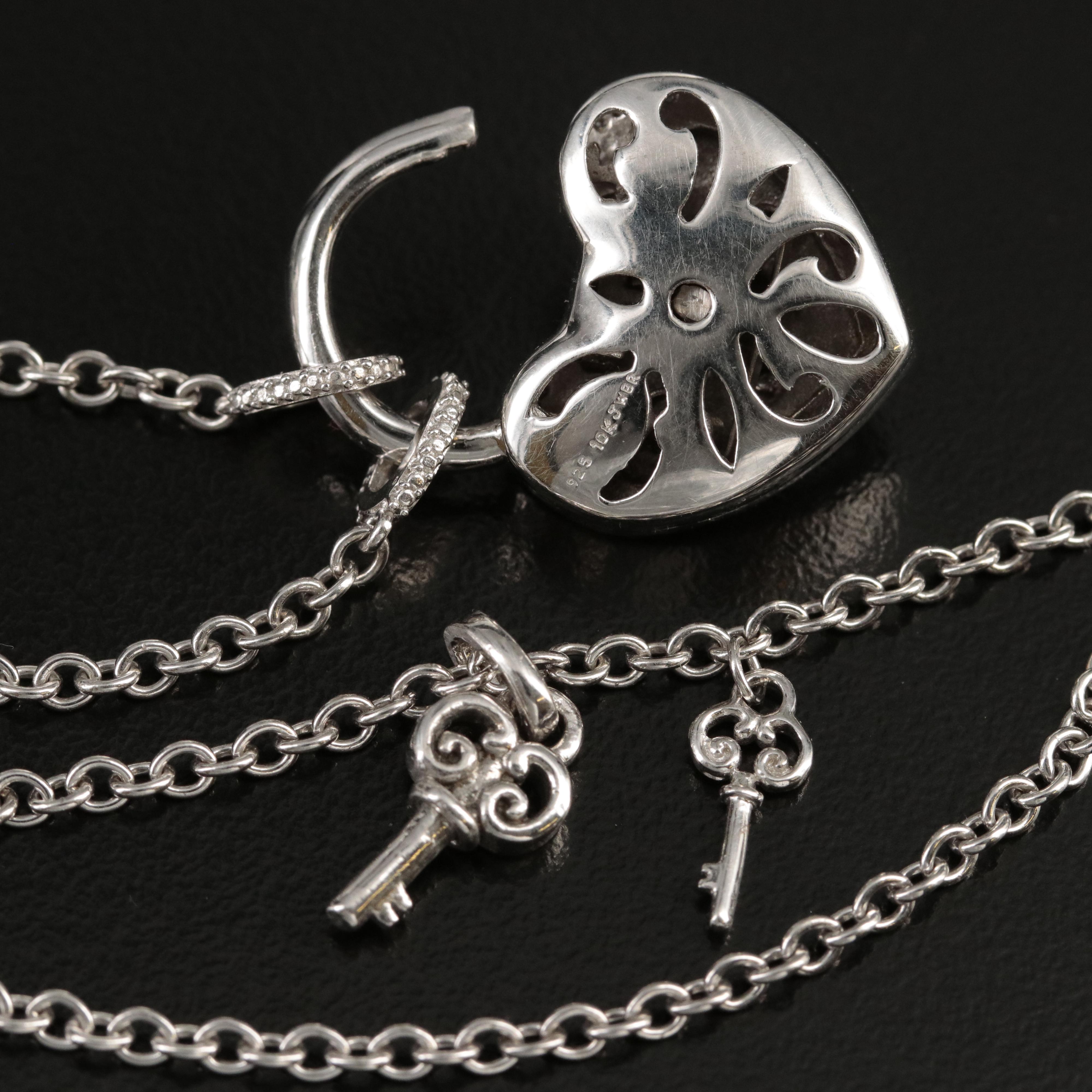 Sterling Diamond Heart Lock with Key Pendant Necklace
