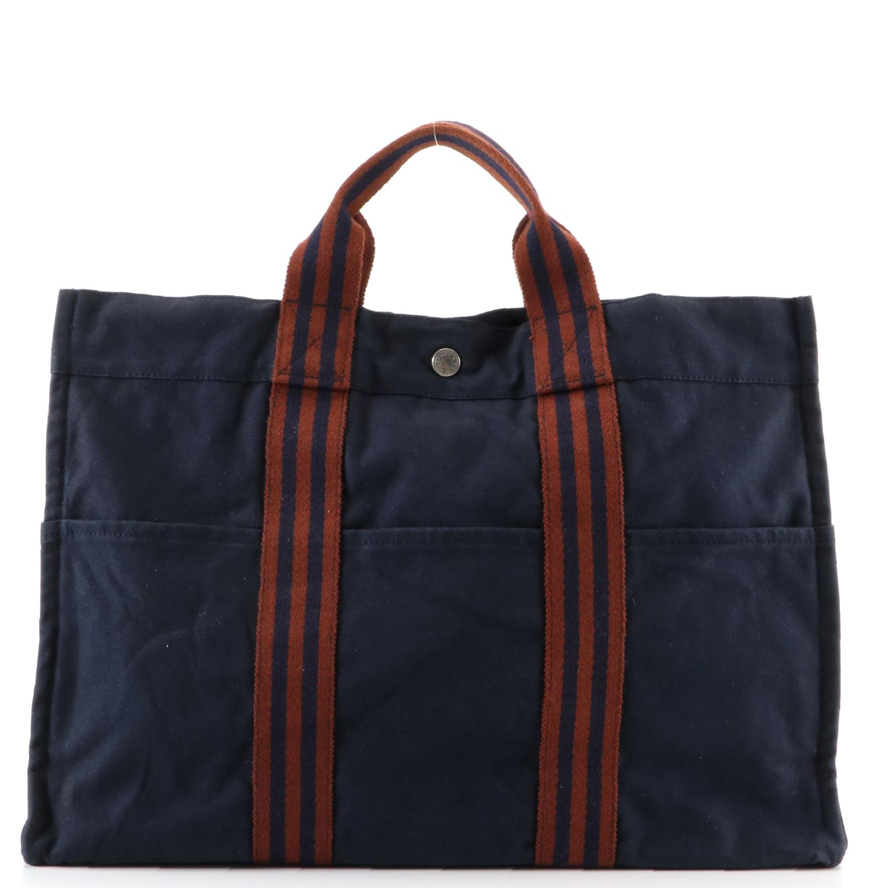 Hermès Fourre Tout MM Tote in Navy and Brown Cotton Canvas