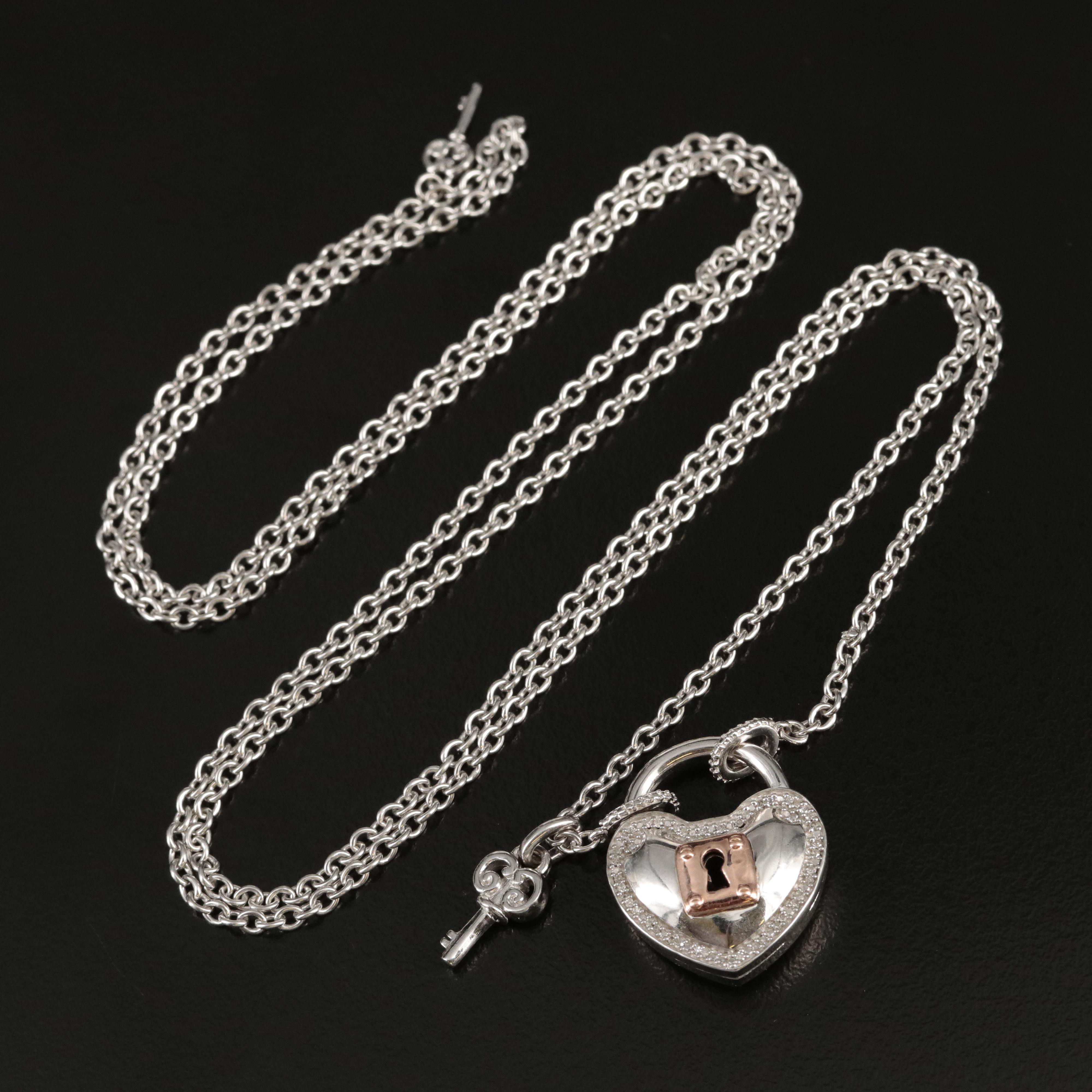 Sterling Diamond Lock and Key Necklace with 10K Rose Gold Accent