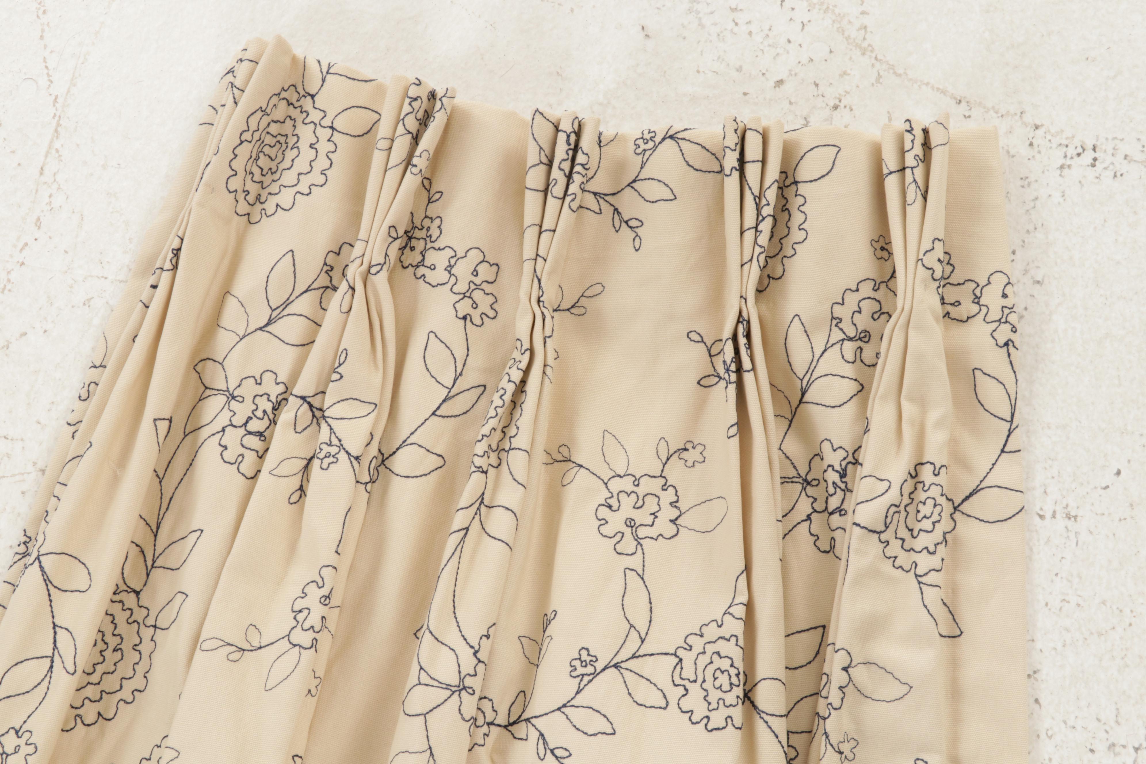 Pair of Custom Embroidered and Lined Pinch Pleat Drapery Panels