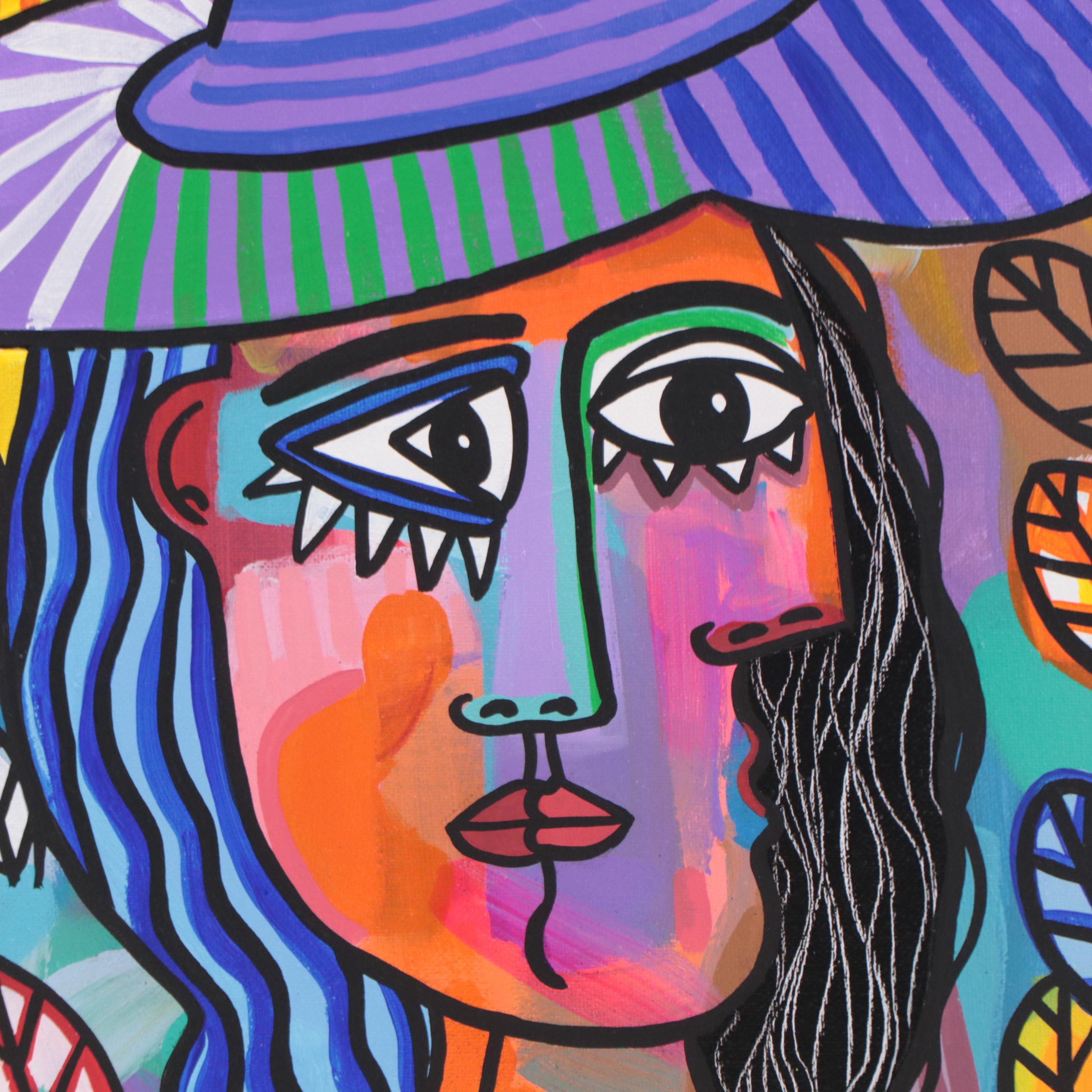 Michel Blázquez Acrylic Painting "Woman With Blue Hat," 2023