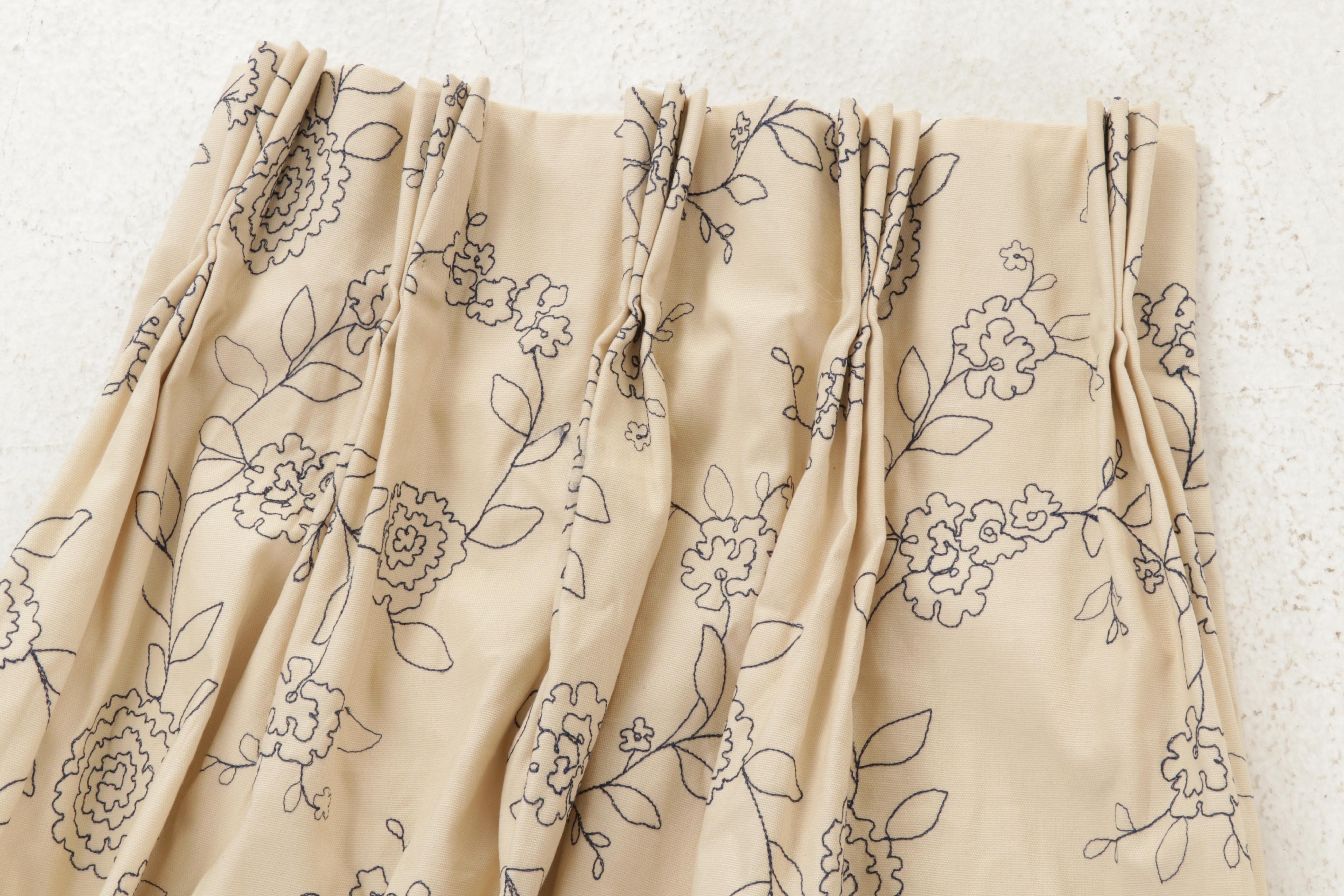 Pair of Custom Embroidered and Lined Pinch Pleat Drapery Panels