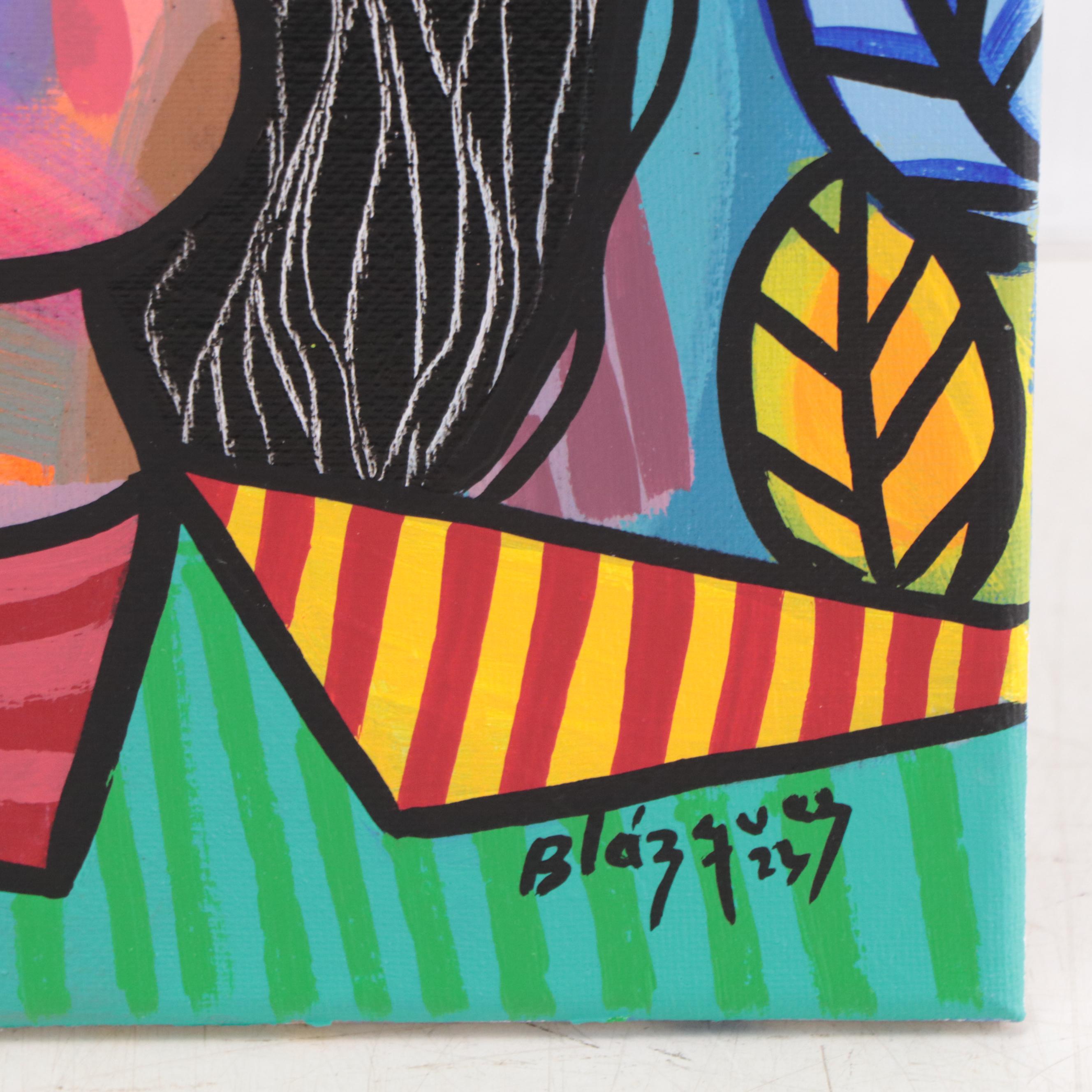 Michel Blázquez Acrylic Painting "Woman With Blue Hat," 2023