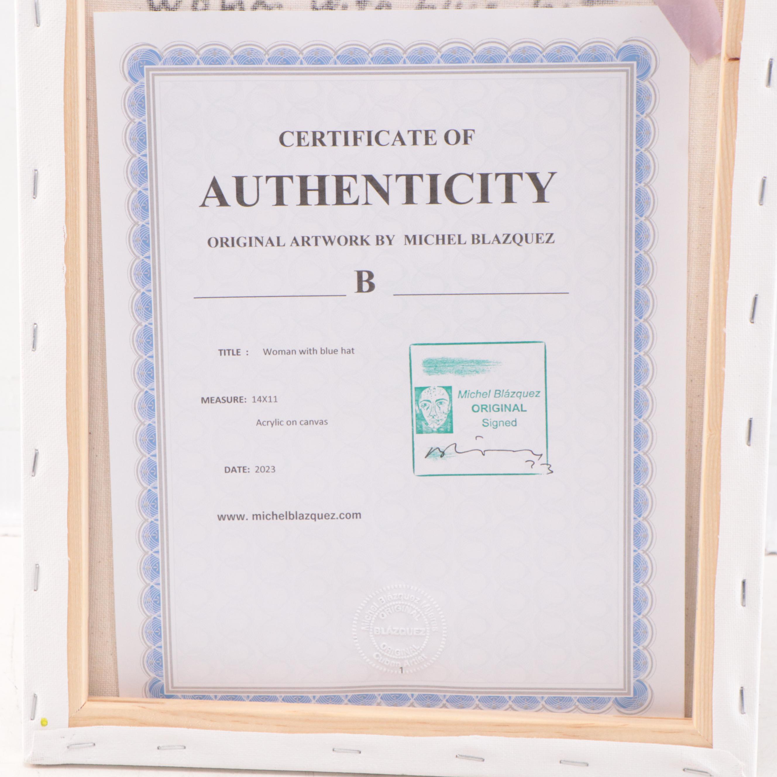 Michel Blázquez Acrylic Painting "Woman With Blue Hat," 2023