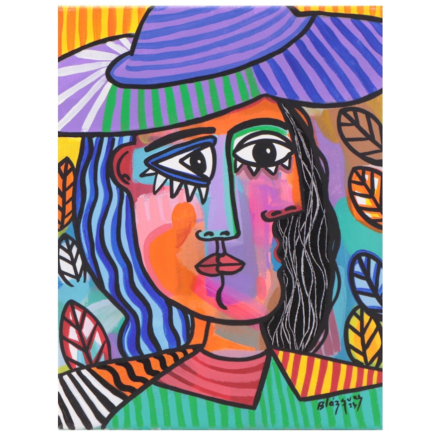 Michel Blázquez Acrylic Painting "Woman With Blue Hat," 2023