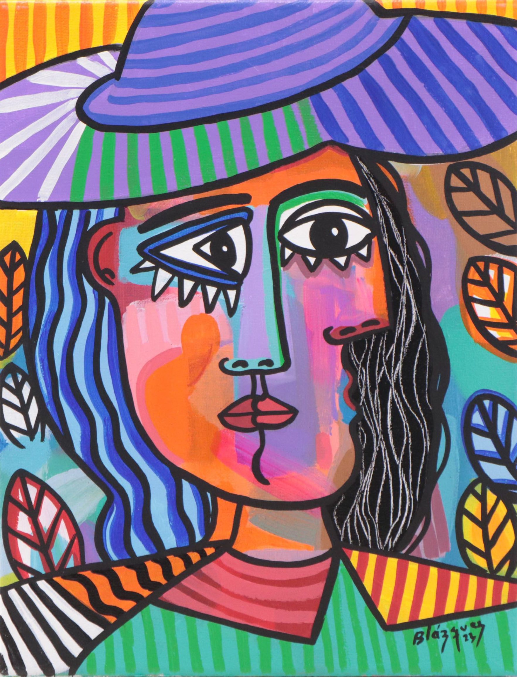 Michel Blázquez Acrylic Painting "Woman With Blue Hat," 2023