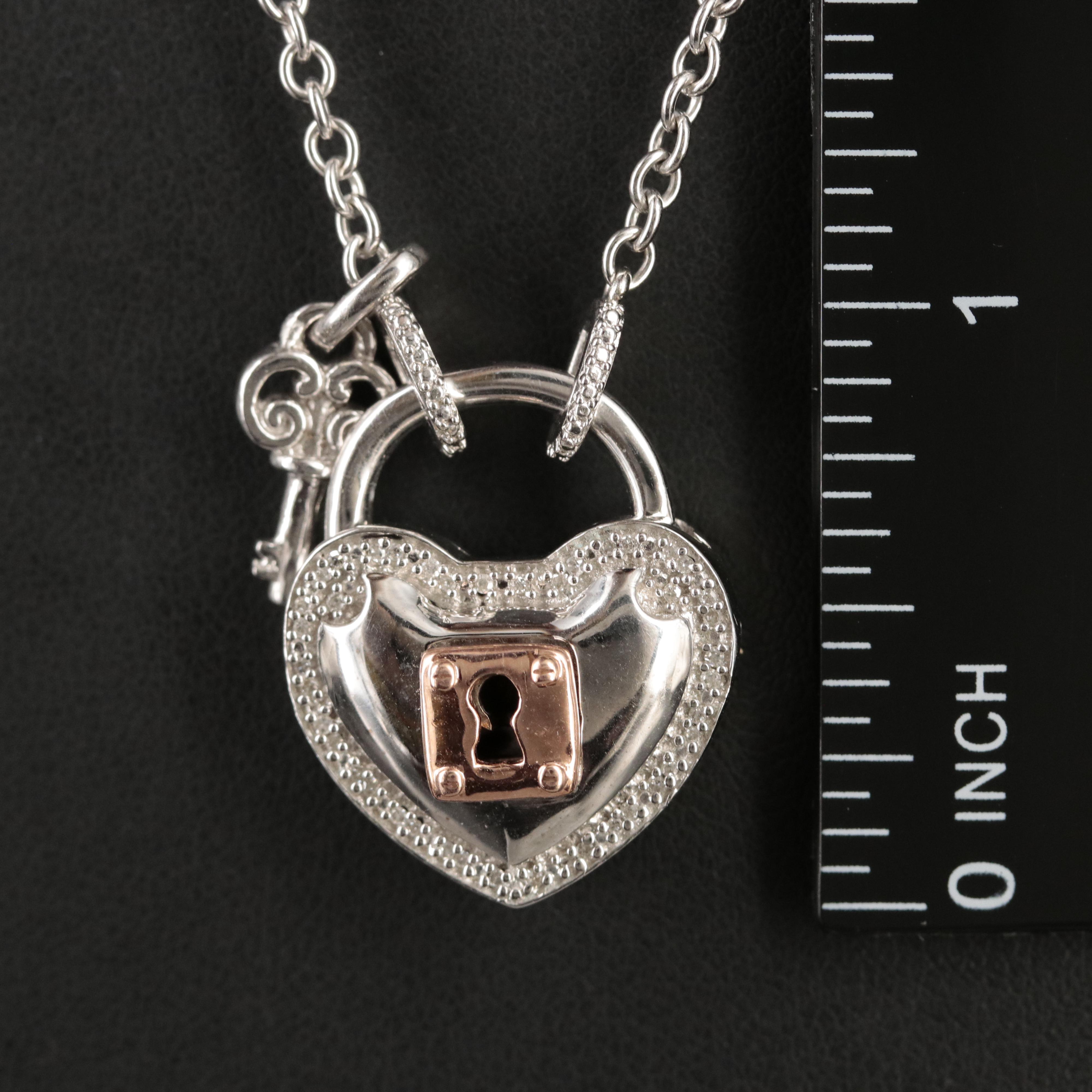 Sterling Diamond Heart Lock and Key Necklace with 10K Rose Gold Accents