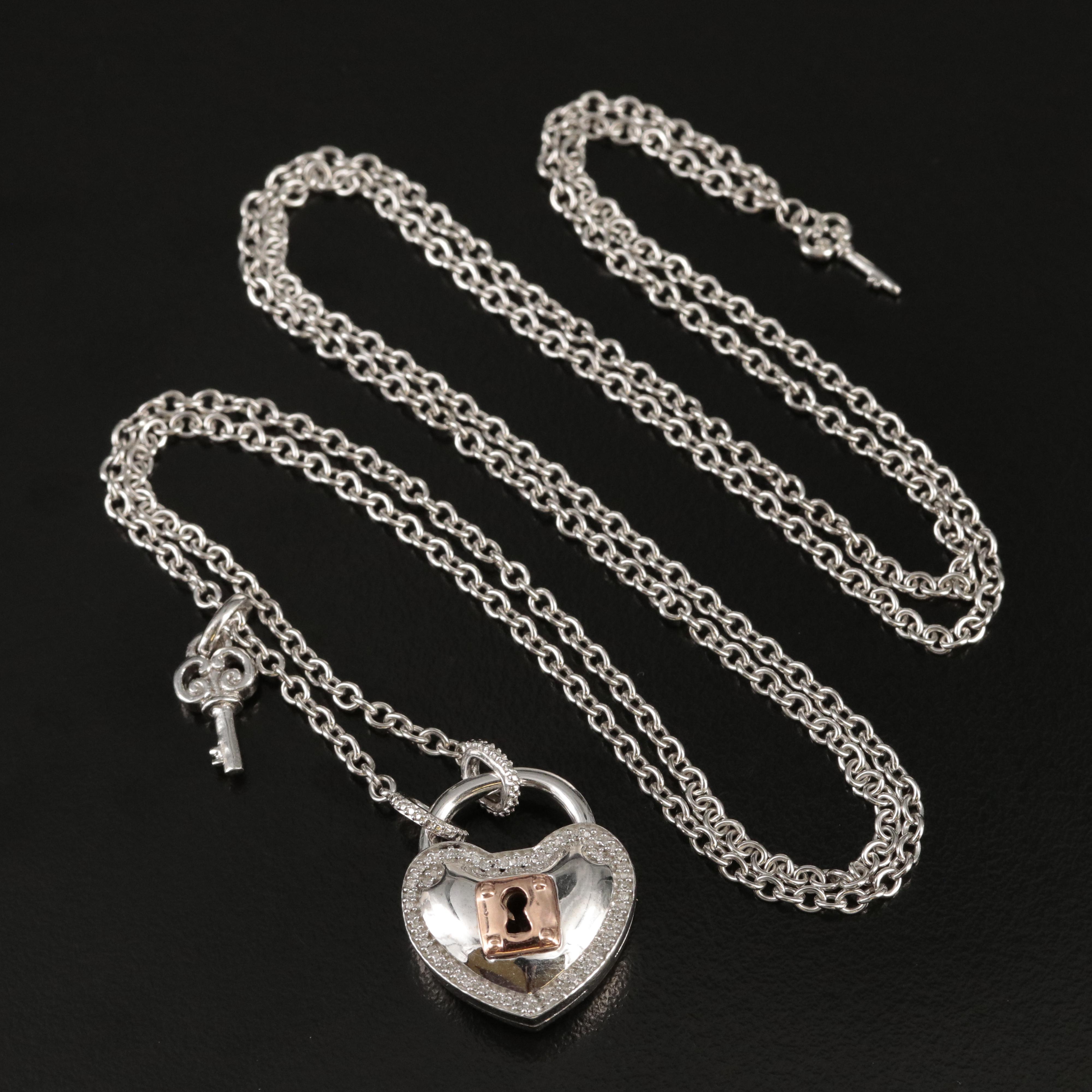 Sterling Diamond Heart Lock and Key Necklace with 10K Rose Gold Accents