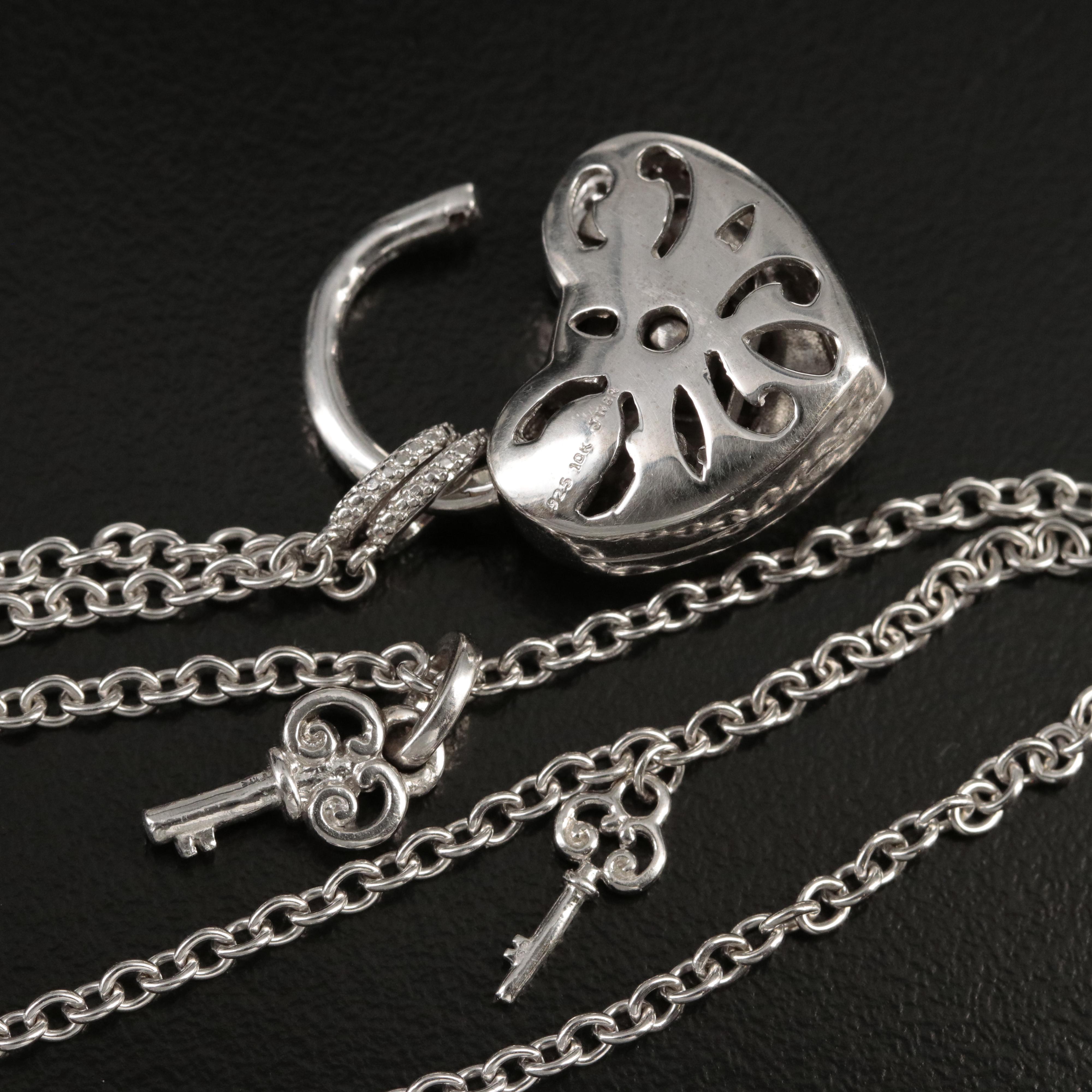 Sterling Diamond Heart Lock and Key Necklace with 10K Rose Gold Accents