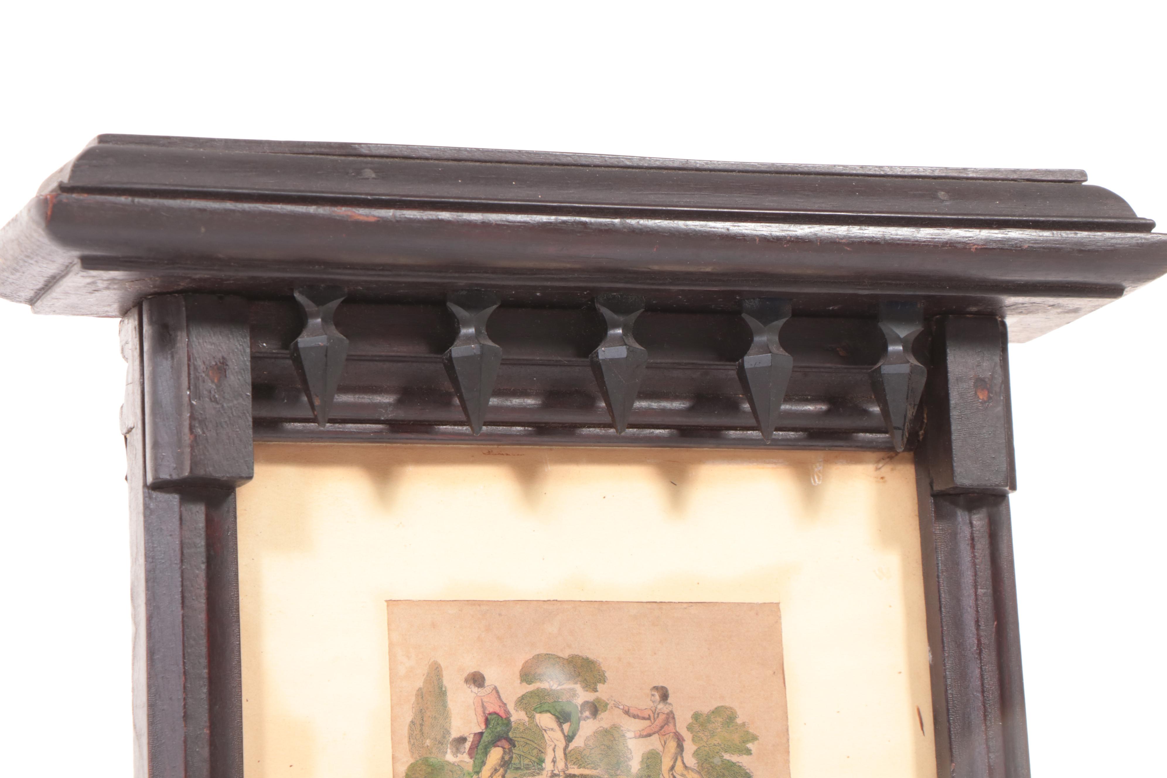 Victorian Walnut Finish Wall Mirror with Print of Boys Playing Leapfrog, 19th C