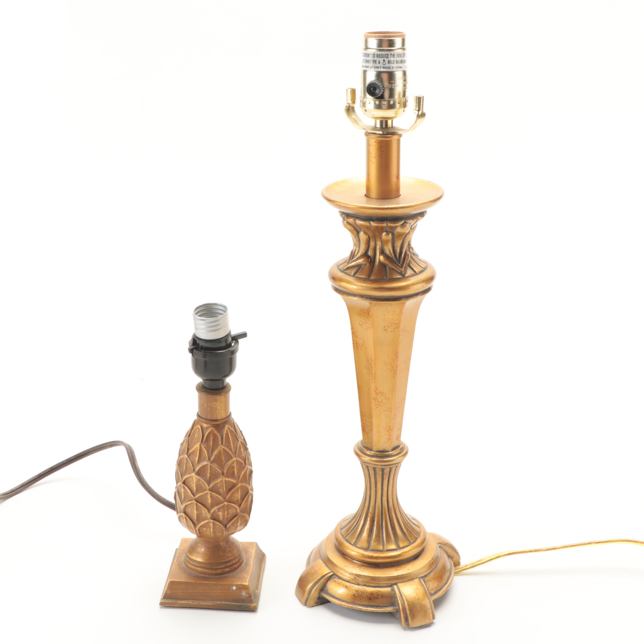 Gold Colored Artichoke and Torchiere Base Table Lamps, Contemporary