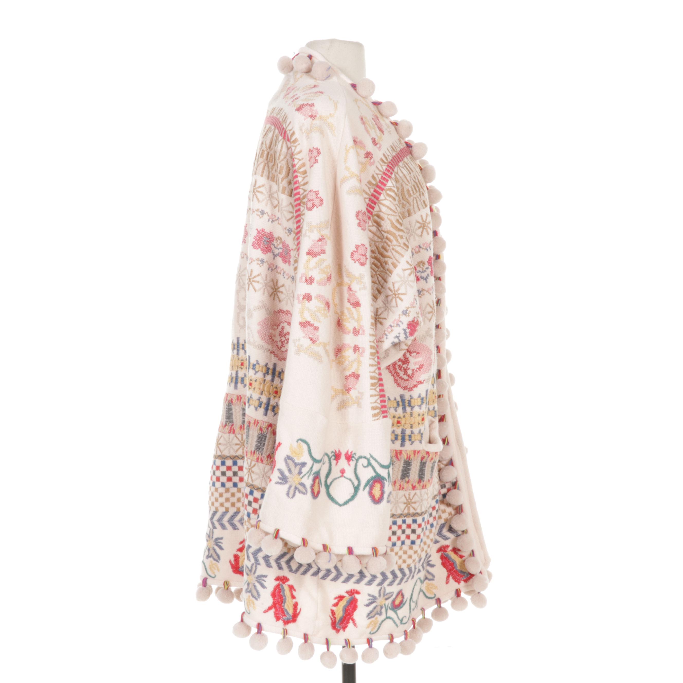 Biya by Johnny Was Cassius Embroidered Pom-Pom Sweater Coat