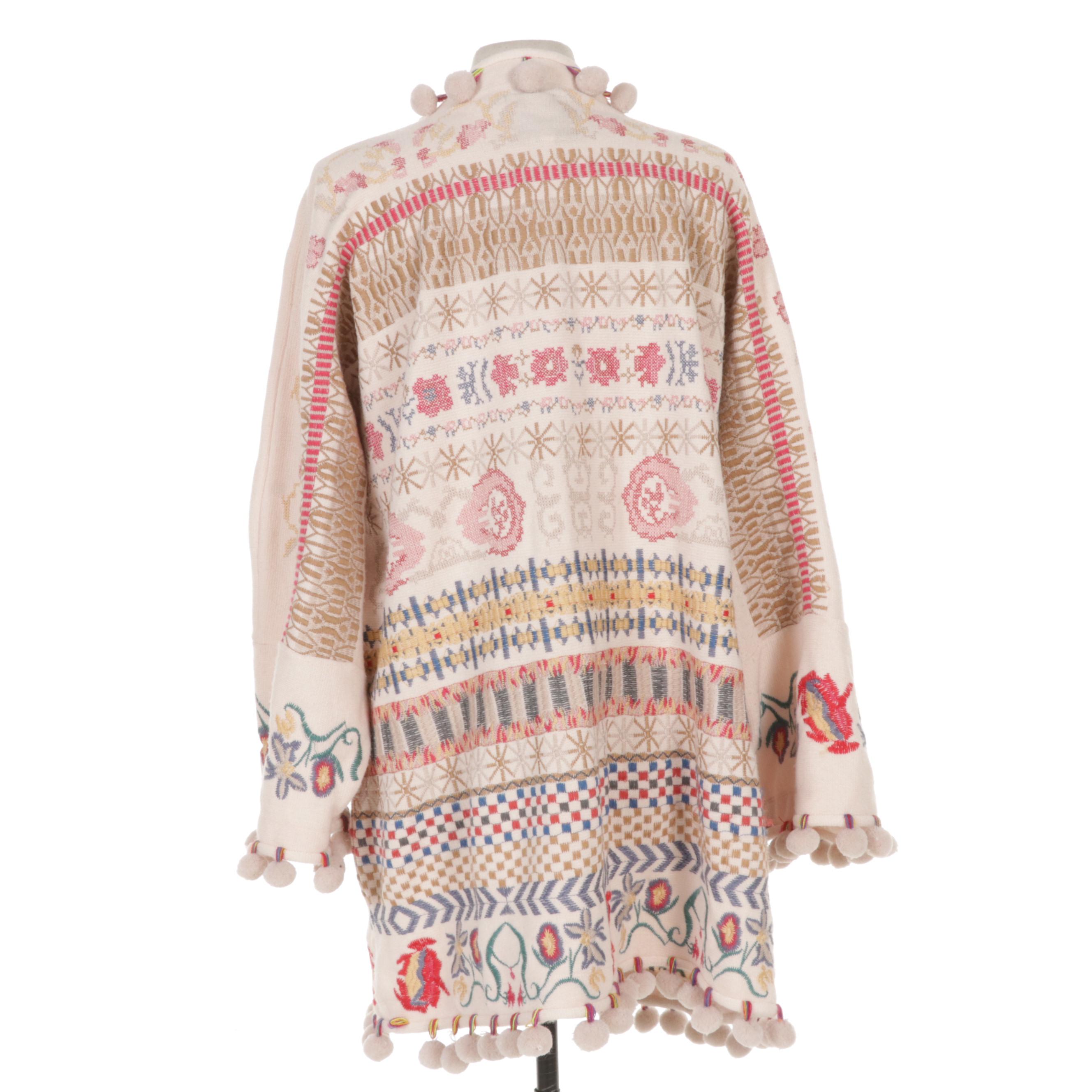 Biya by Johnny Was Cassius Embroidered Pom-Pom Sweater Coat