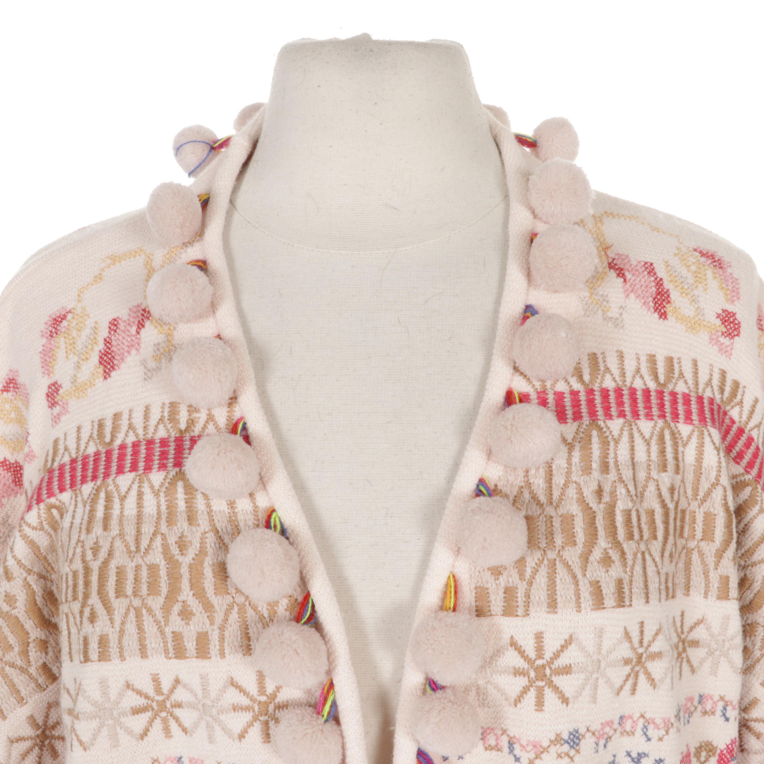 Biya by Johnny Was Cassius Embroidered Pom-Pom Sweater Coat