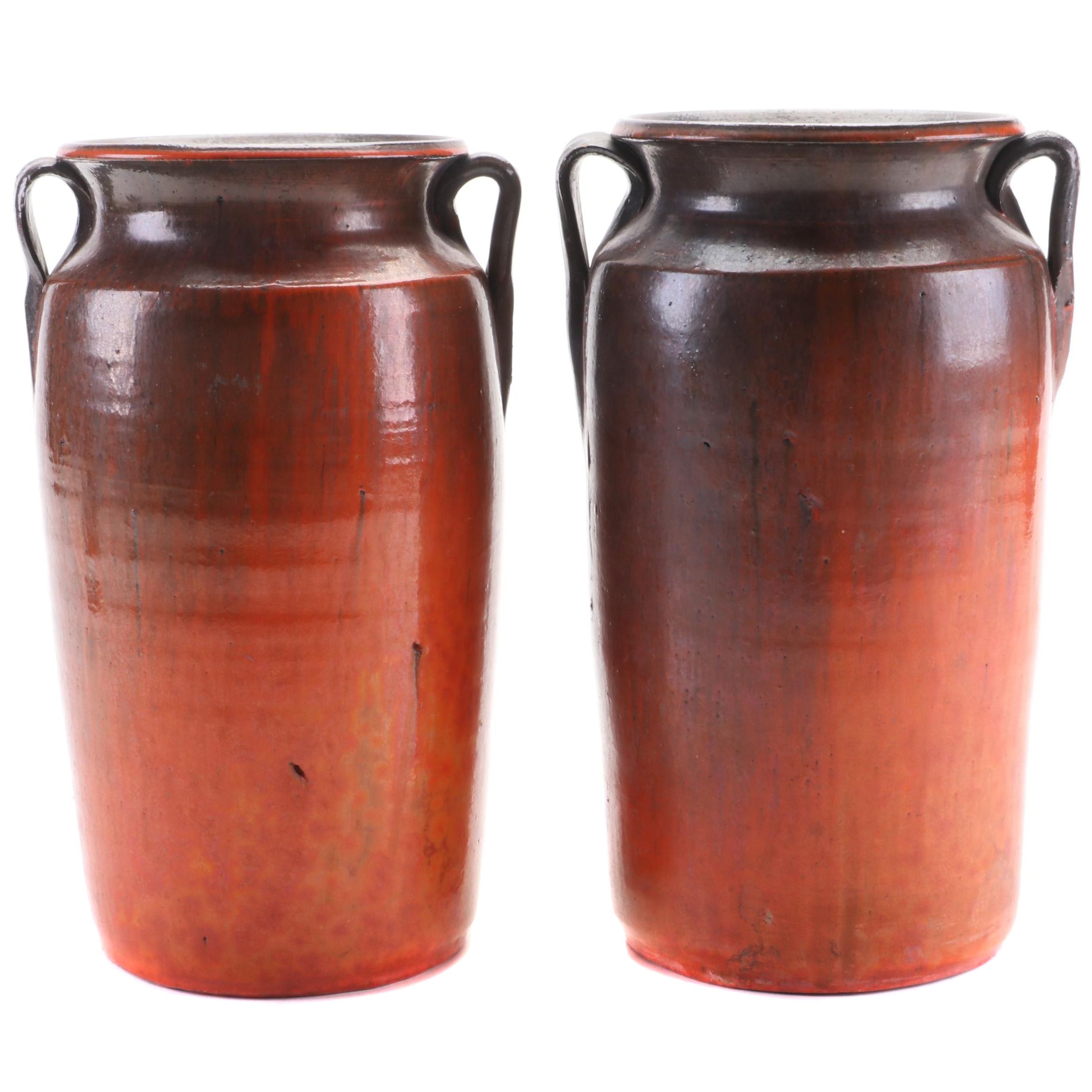 Pair of Art Pottery Vases with Handles, 20th Century