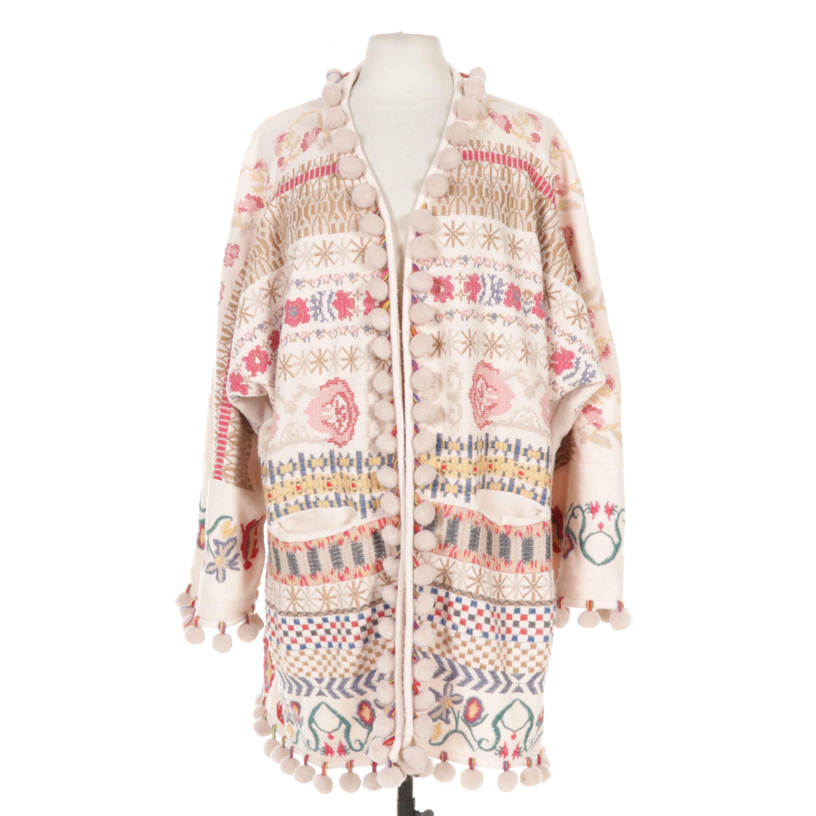 Biya by Johnny Was Cassius Embroidered Pom-Pom Sweater Coat