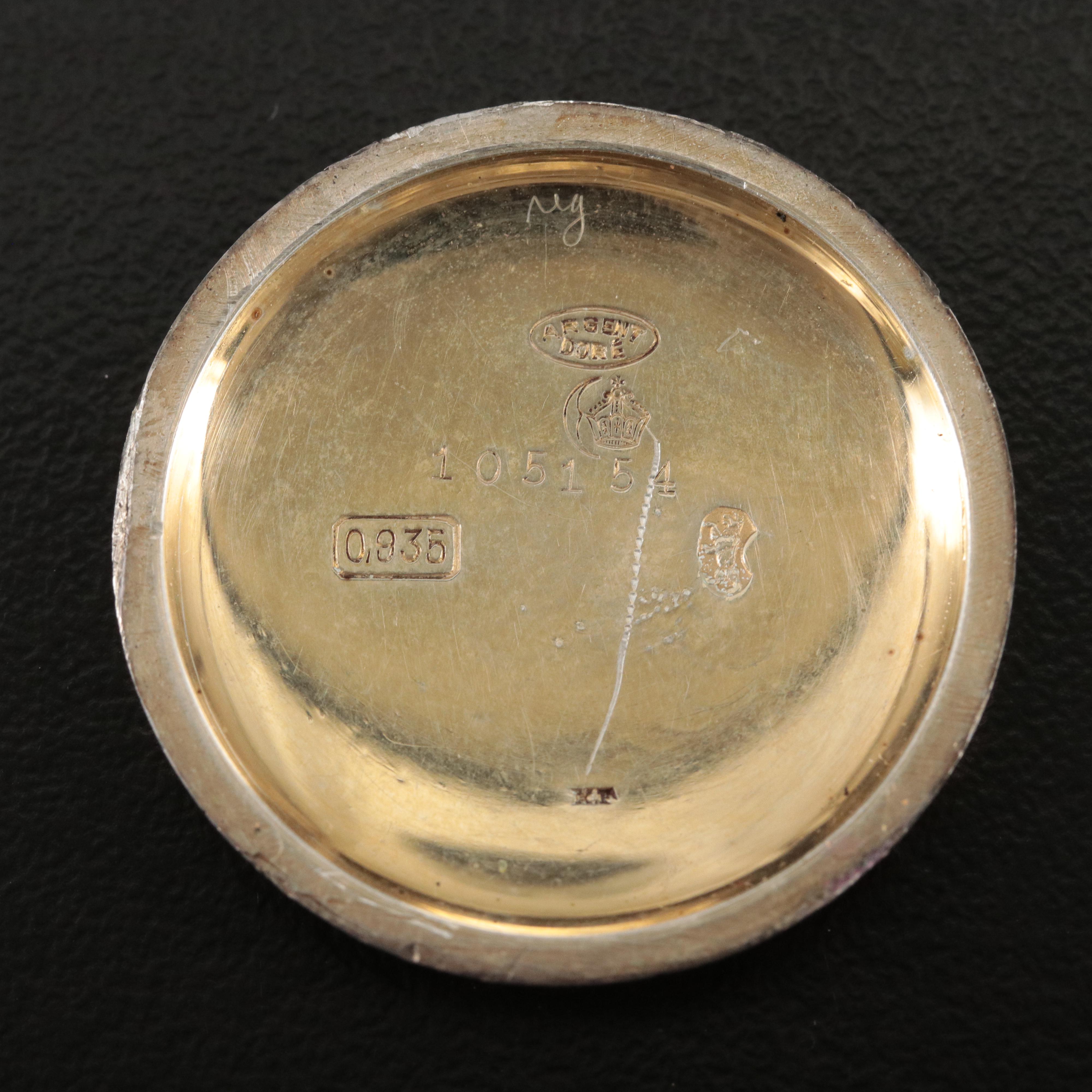 935 Silver and Enameled Ornate Small Pocket Watch