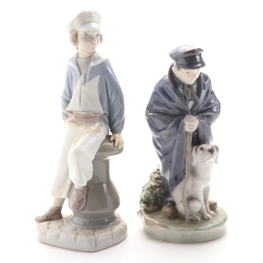 Royal Copenhagen Shephard Boy with Dog and Lladro Sailor Boy with Boat Figurines