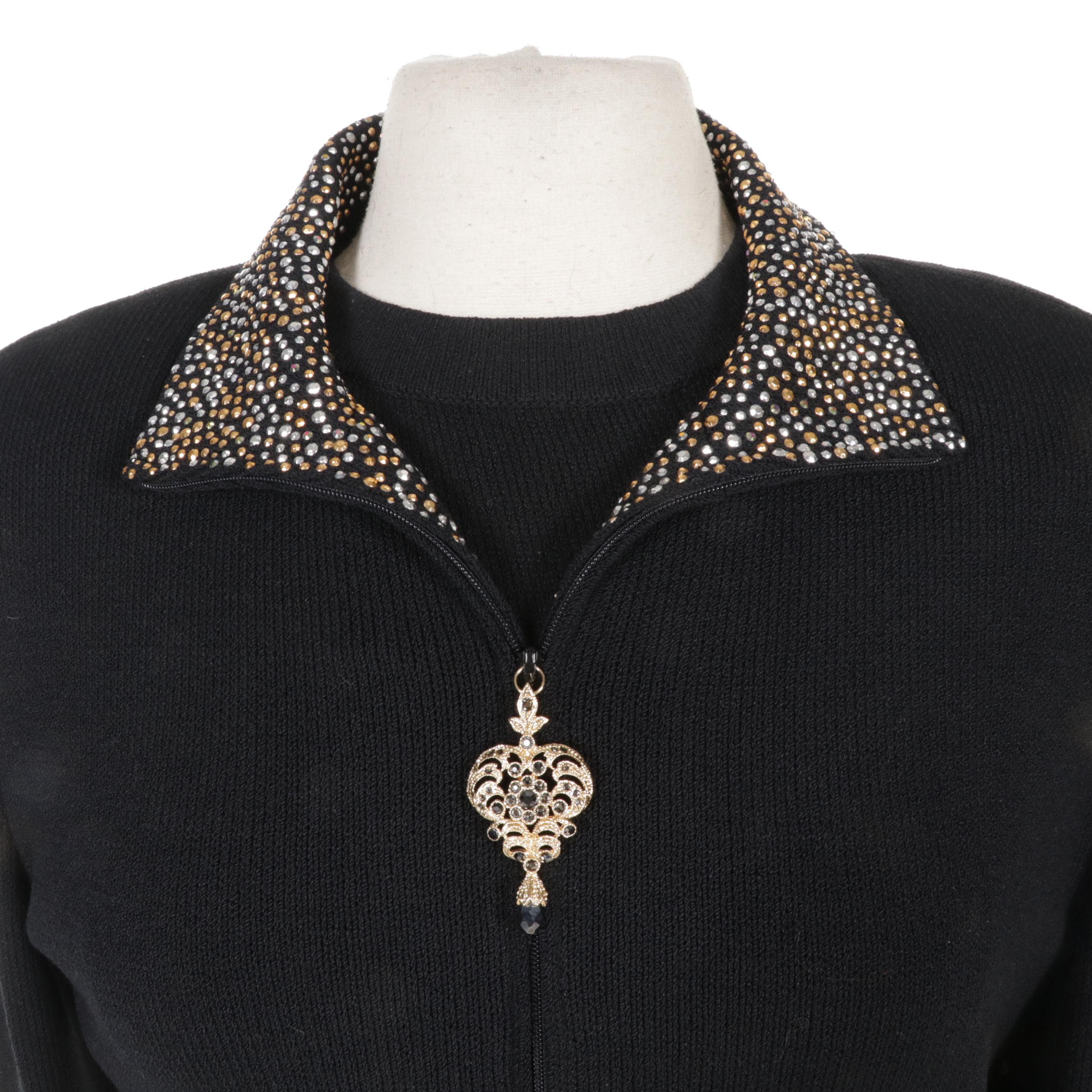 St. John Evening Knit Pantsuit with Embellished Zipper-Front Jacket