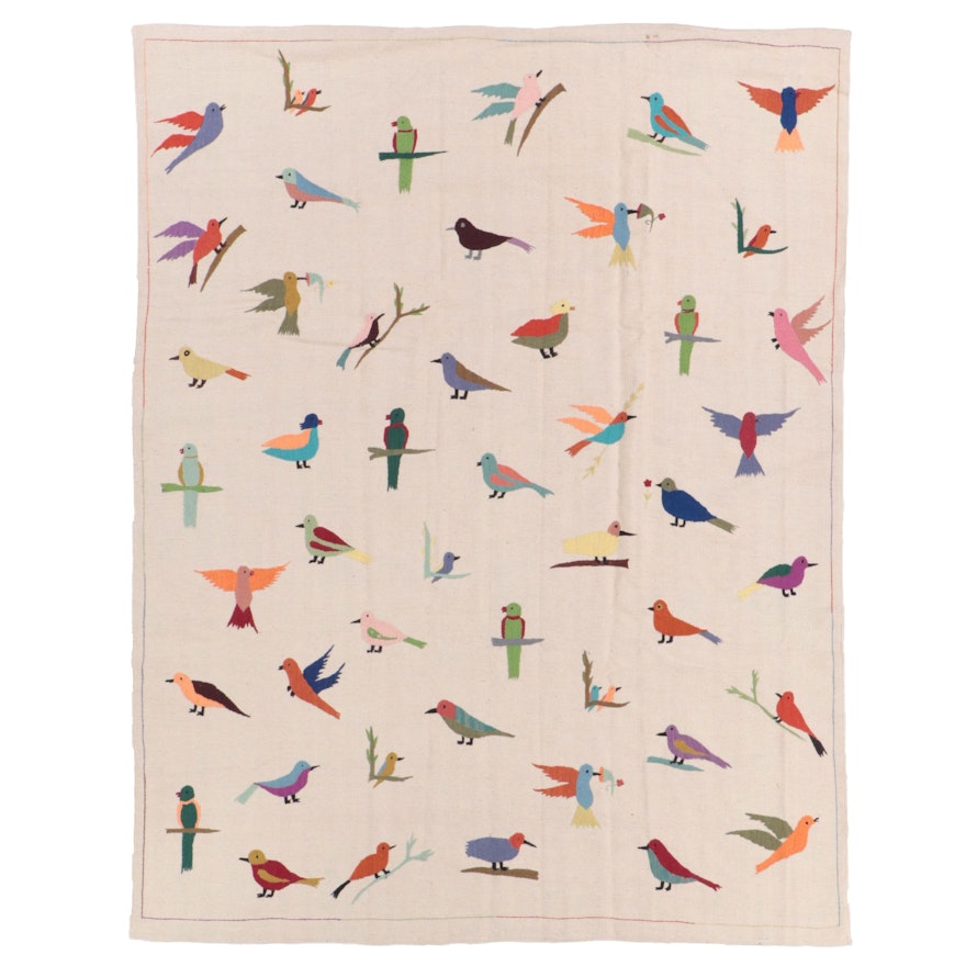 7'7 x 9'10 Handwoven Indian Area Rug with Bird Embroidery