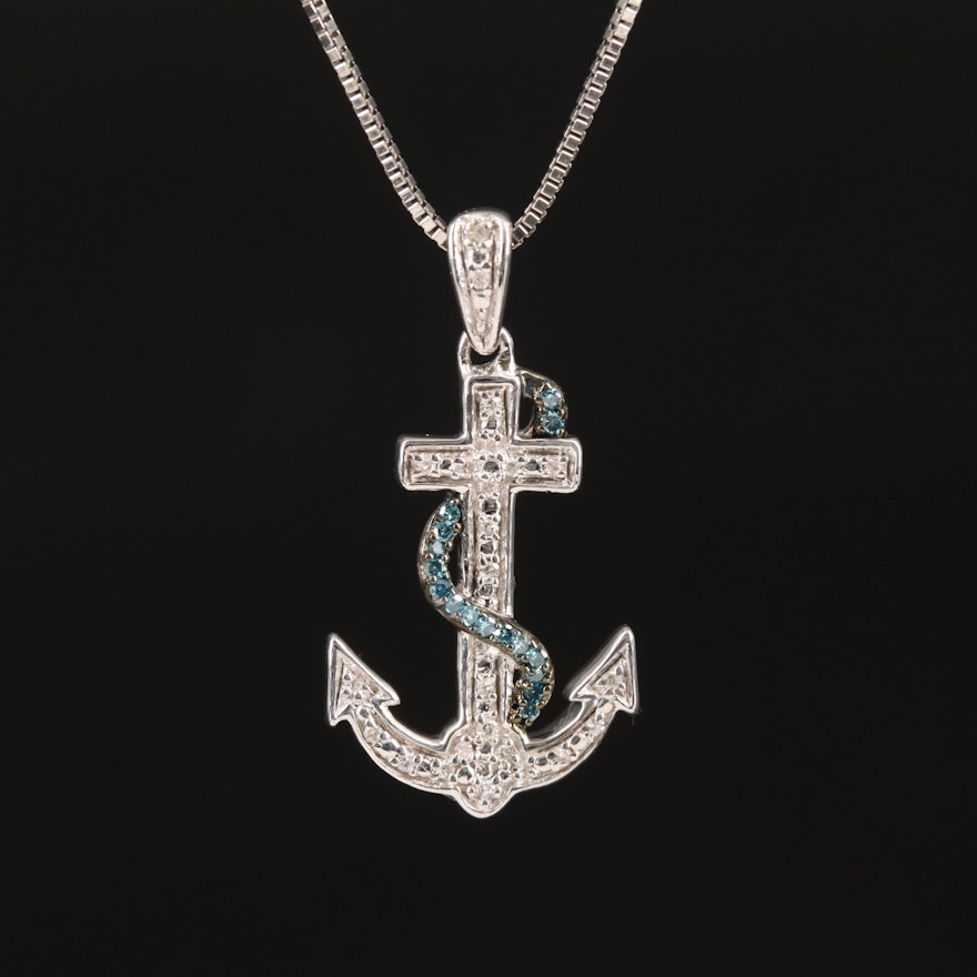 Sterling Diamond Anchor Pendant Necklace