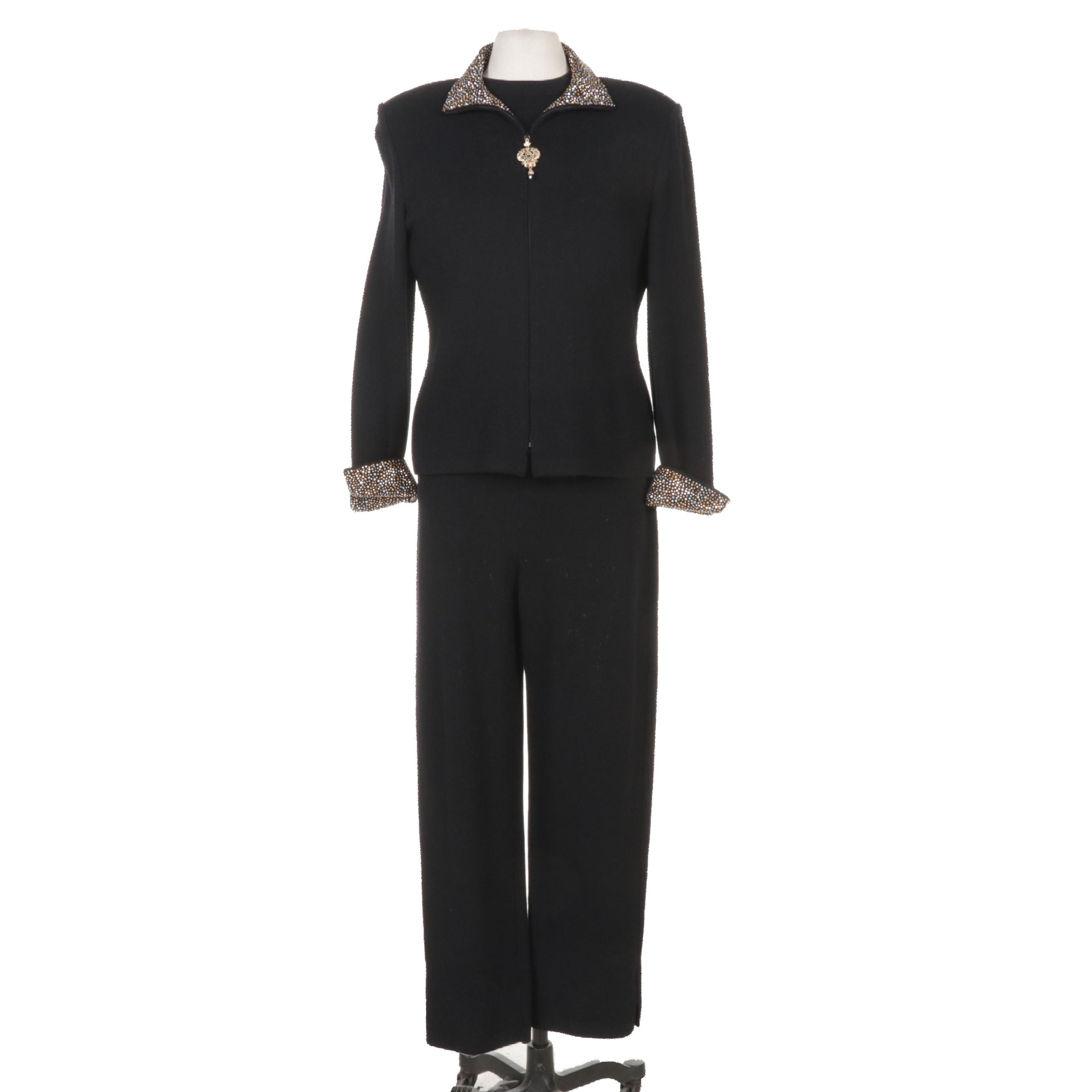 St. John Evening Knit Pantsuit with Embellished Zipper-Front Jacket