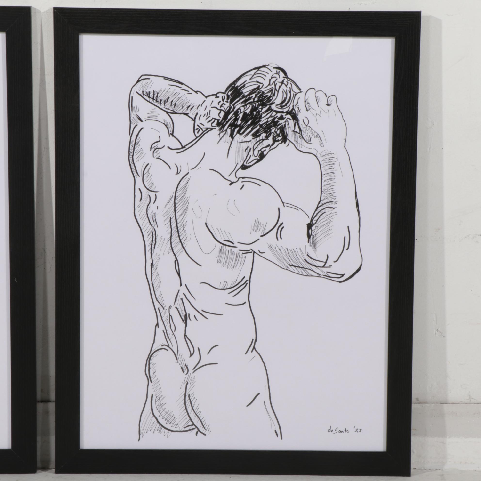 deSanto Figural Acrylic Ink Drawings of Male Nude Model, 2022