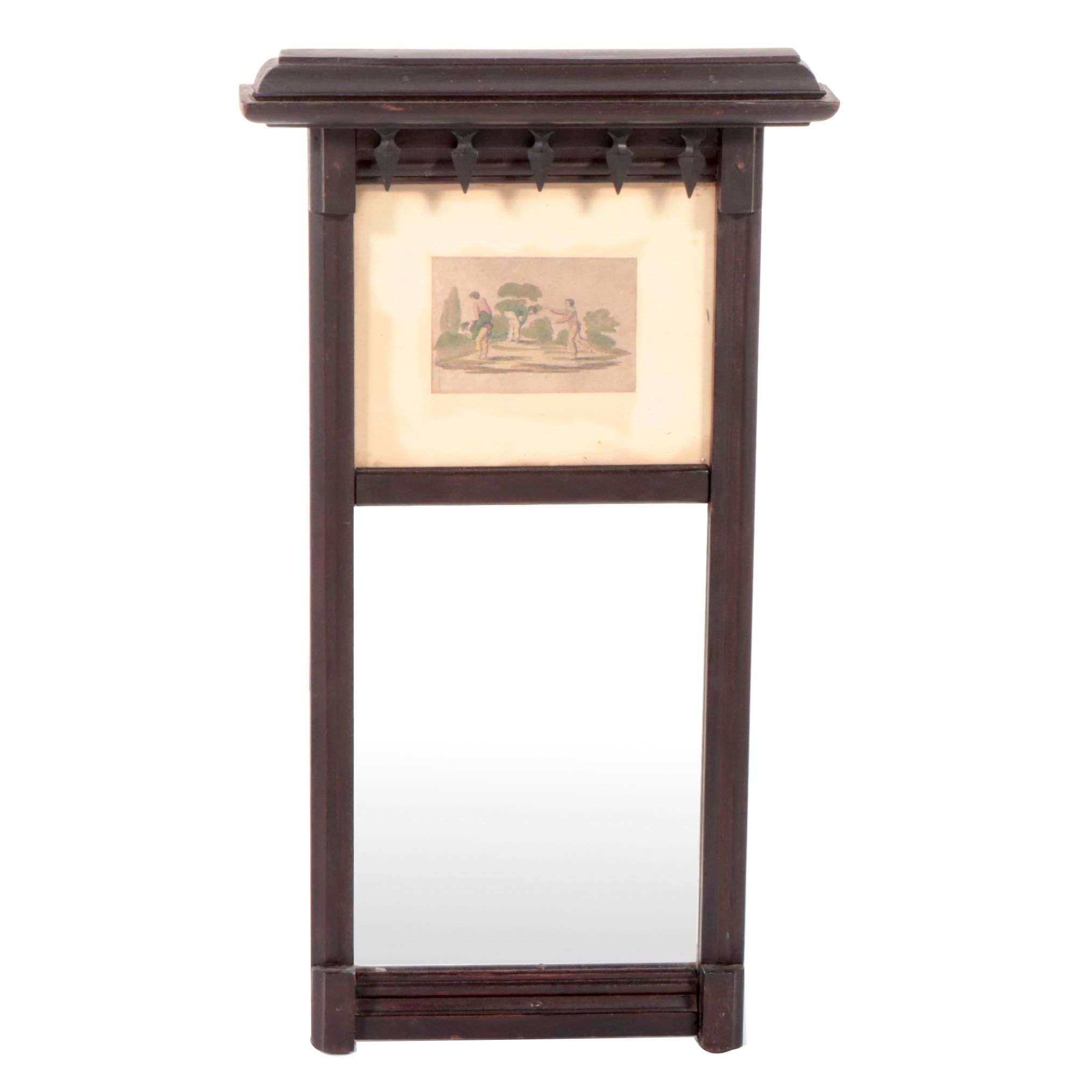 Victorian Walnut Finish Wall Mirror with Print of Boys Playing Leapfrog, 19th C