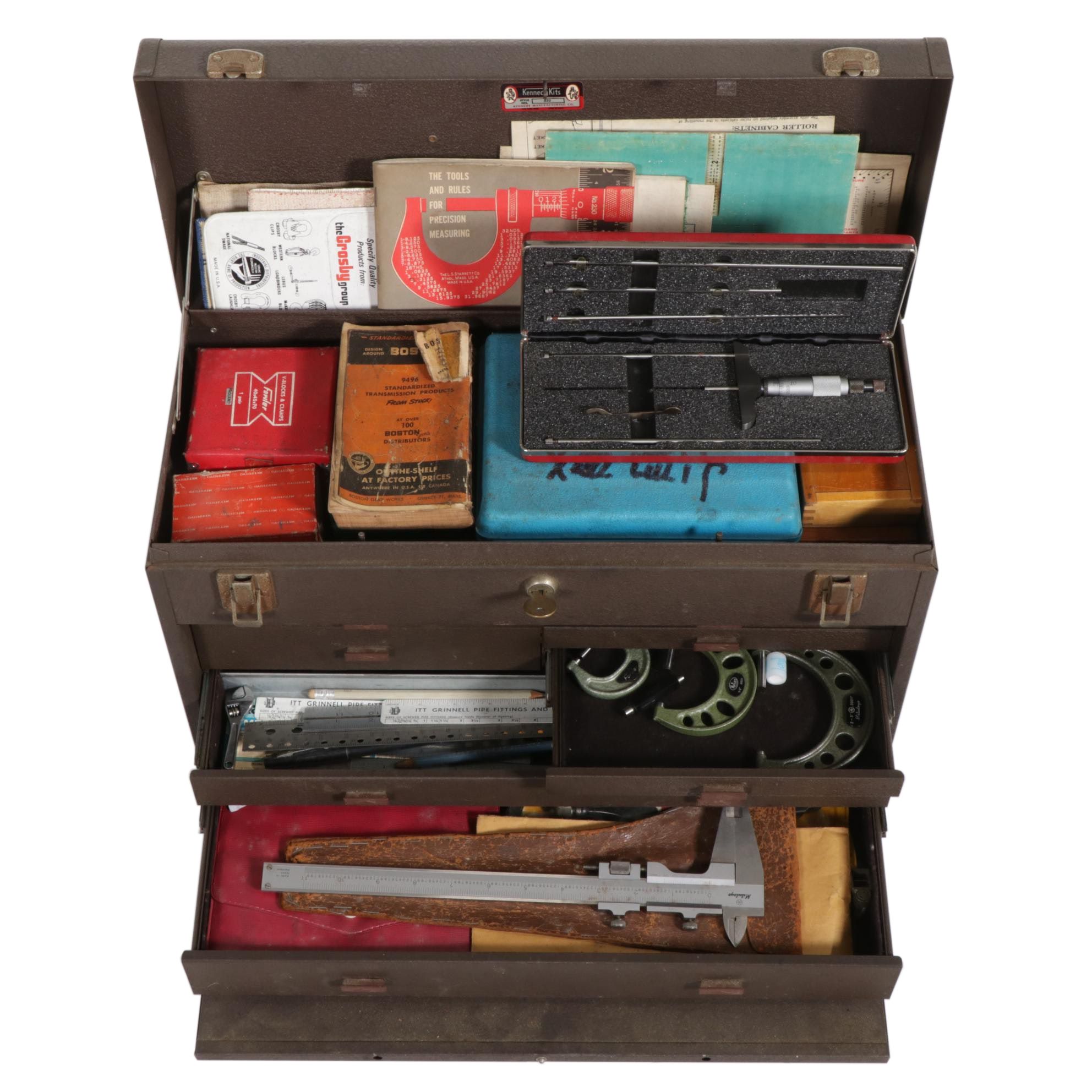 Machine Tool Kit in Lockbox Featuring Micrometers, Dial Indicators, and More