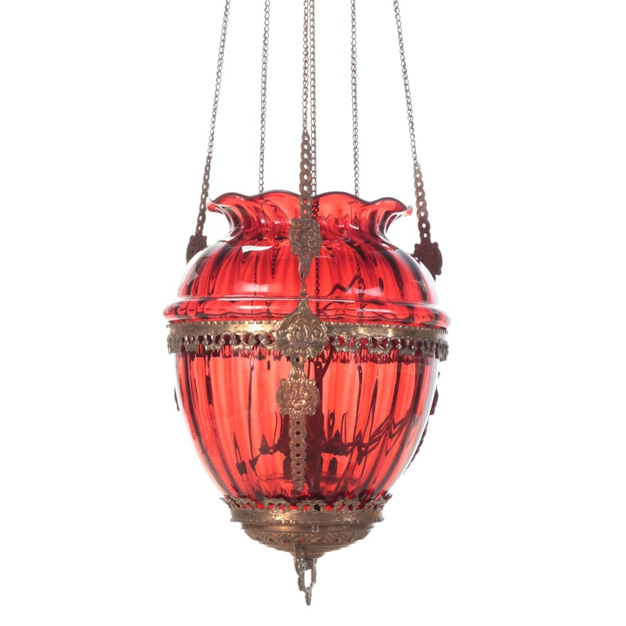 Victorian Ruby Glass Parlor Pendant Kerosene Lamp, Adapted 20th Century