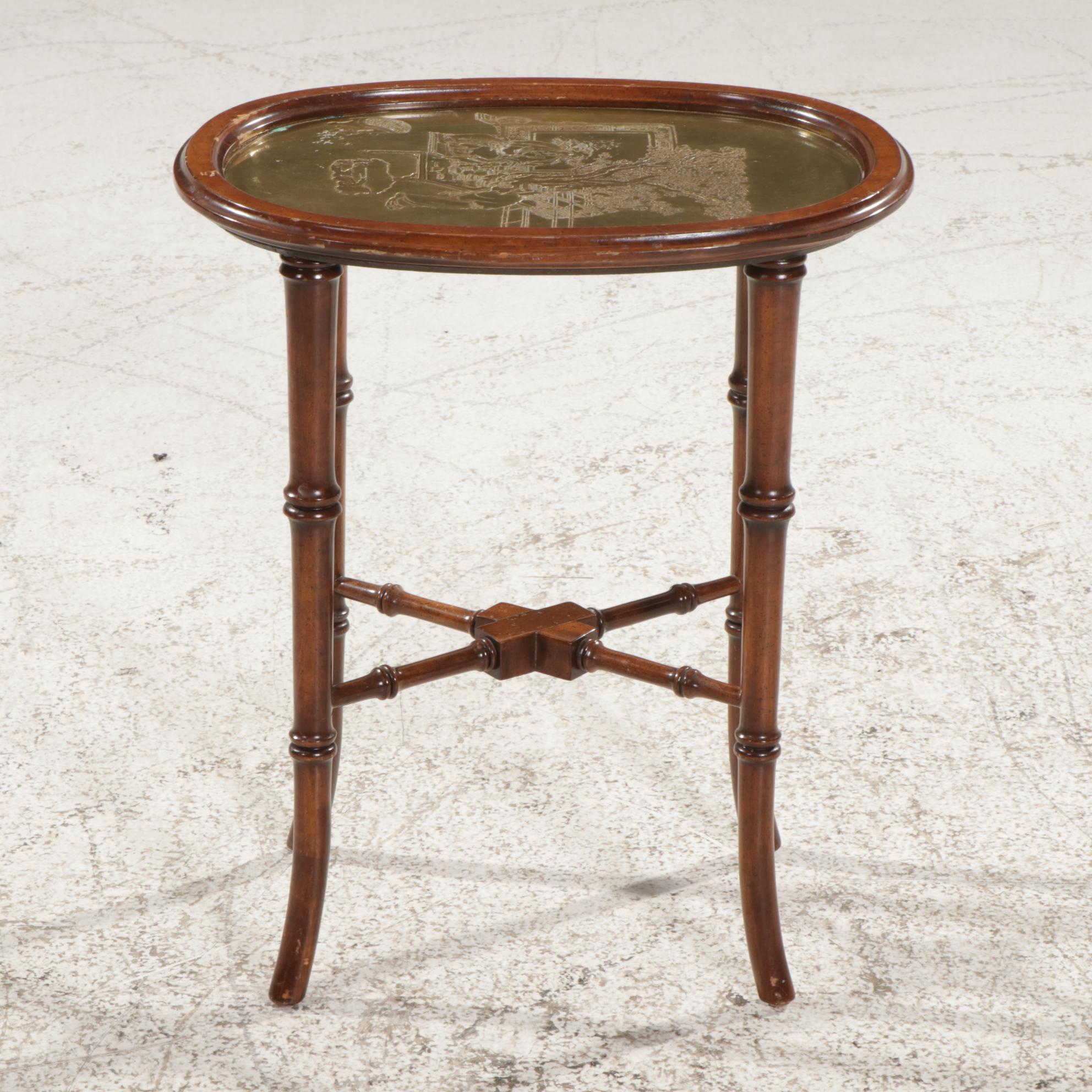 George III Style Faux Bamboo and Etched Brass Side Table, Mid to Late 20th C.