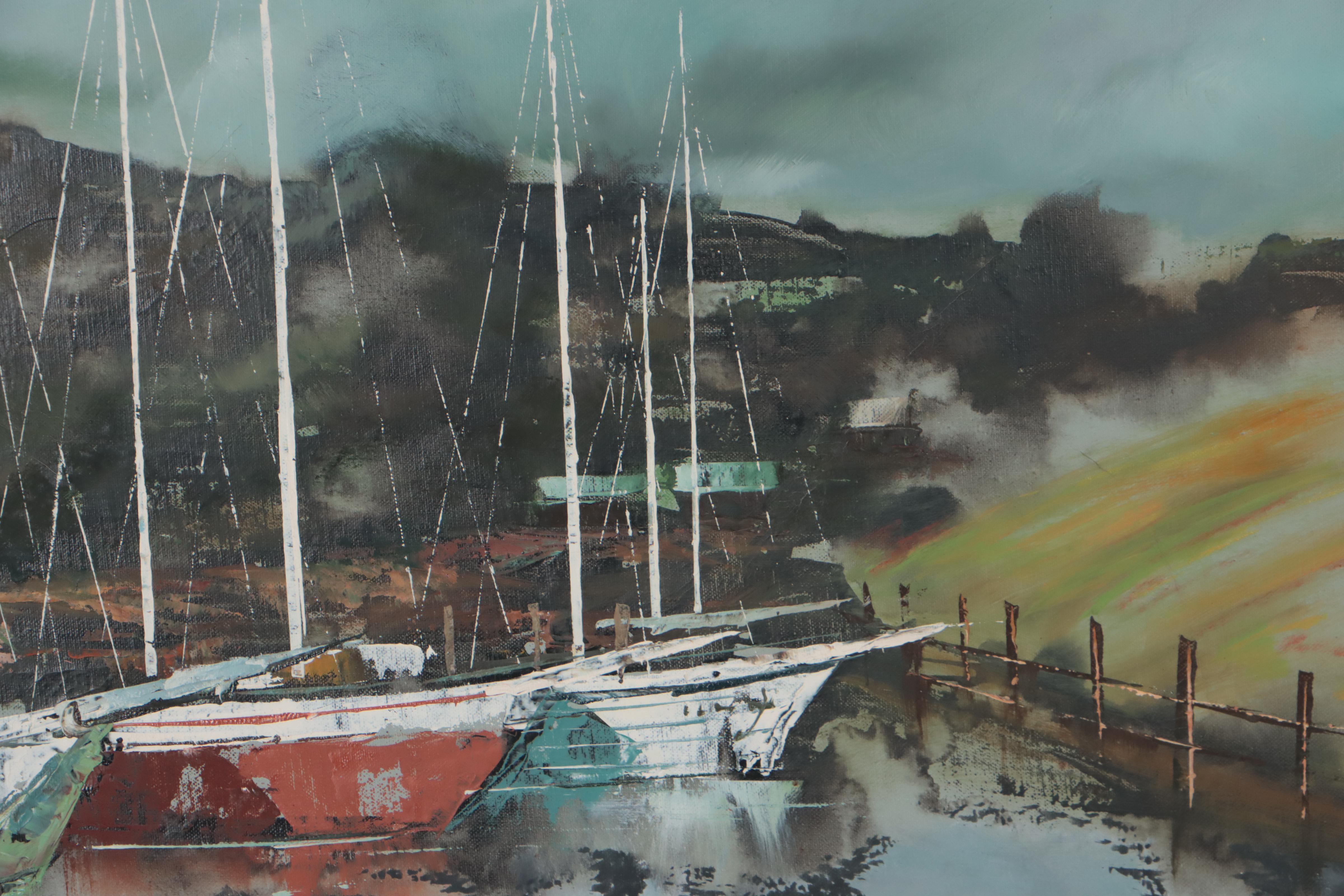 Oil Painting of Port, Late 20th Century