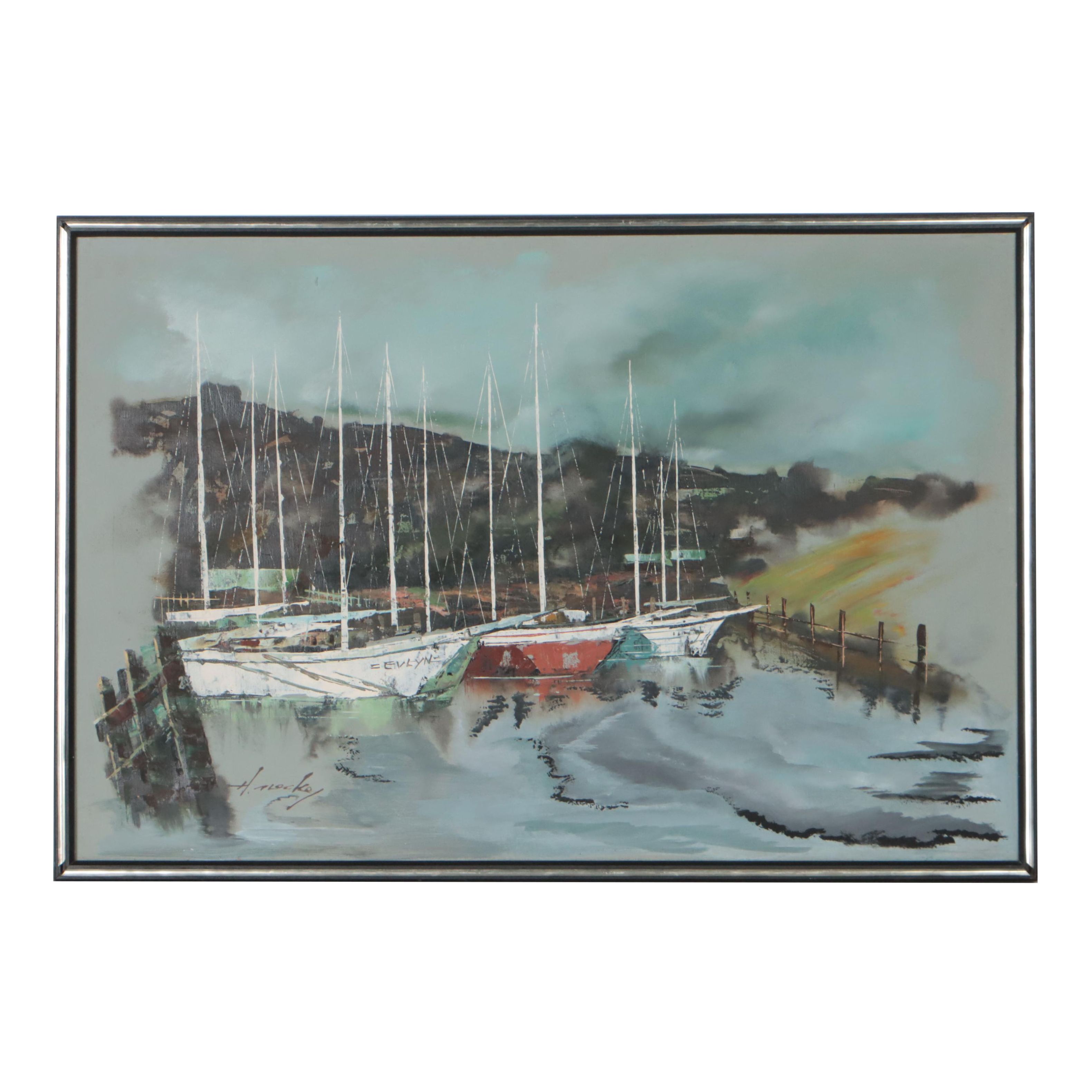 Oil Painting of Port, Late 20th Century