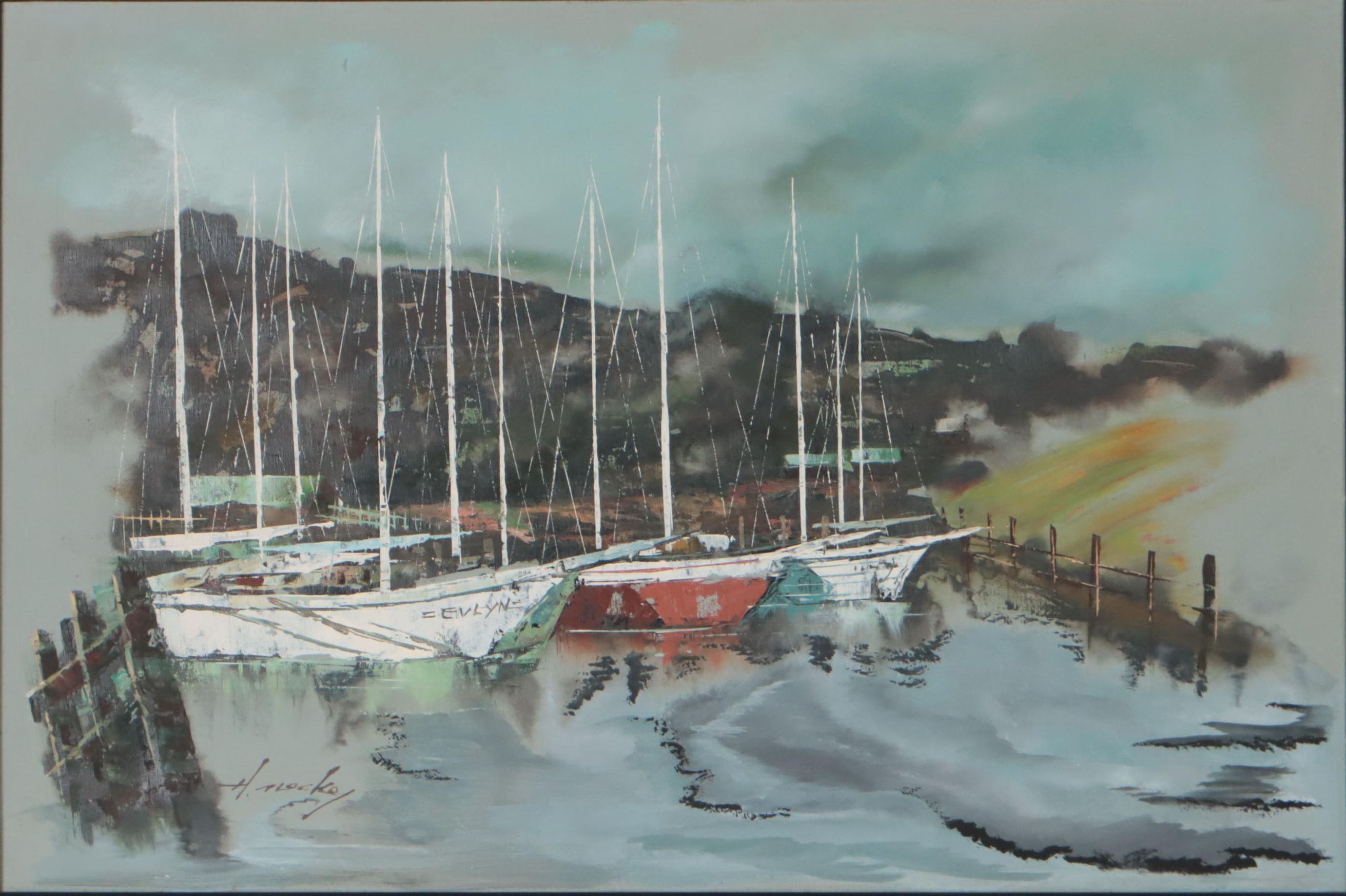 Oil Painting of Port, Late 20th Century