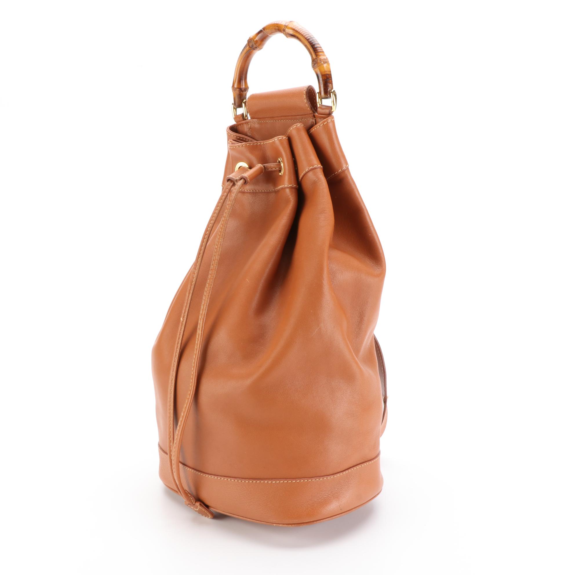 Gucci Leather Drawstring Sling Bag with Bamboo Handle