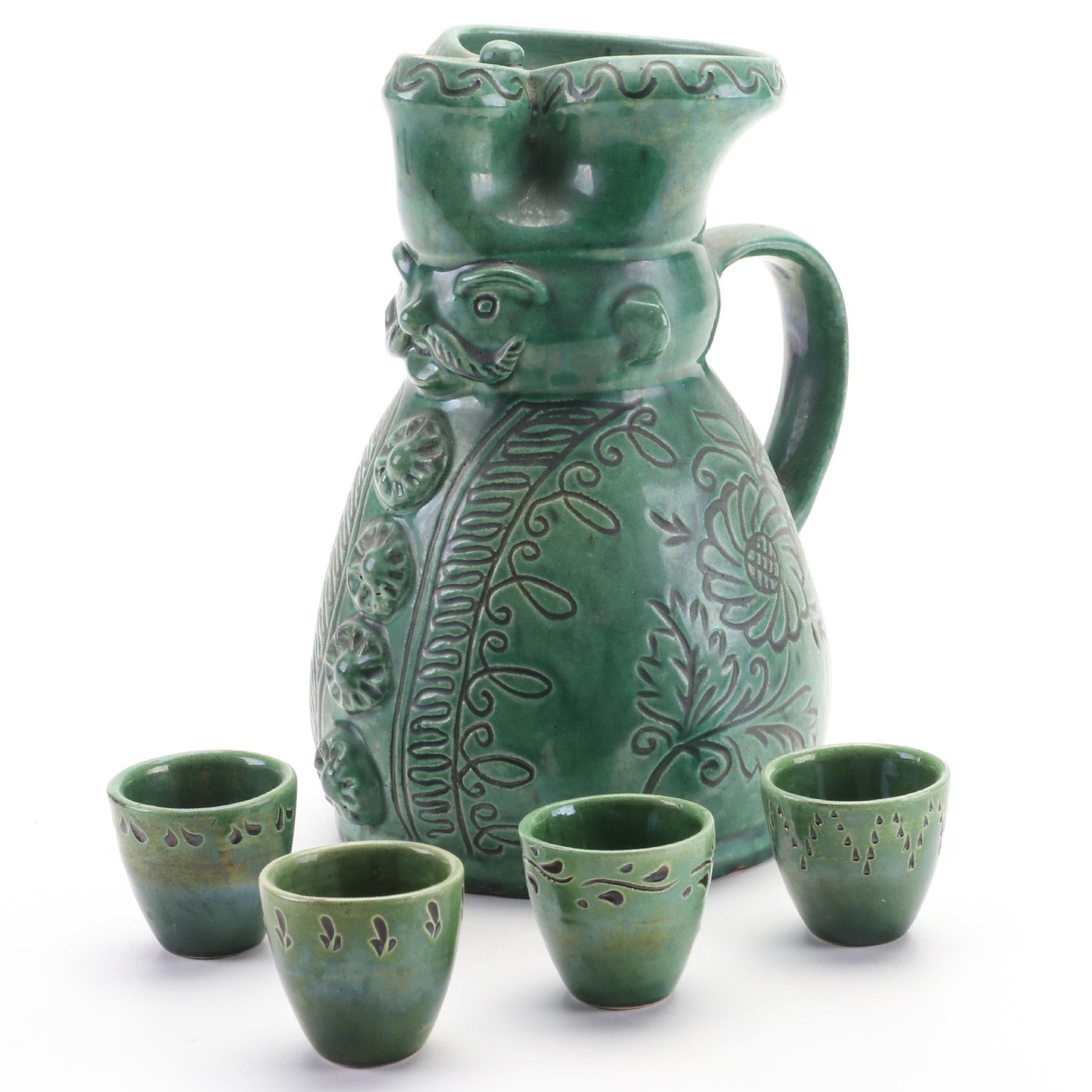 Mónus Ferenc Hungarian Ceramic Miska Soldier Pitcher with Four Shot Glasses