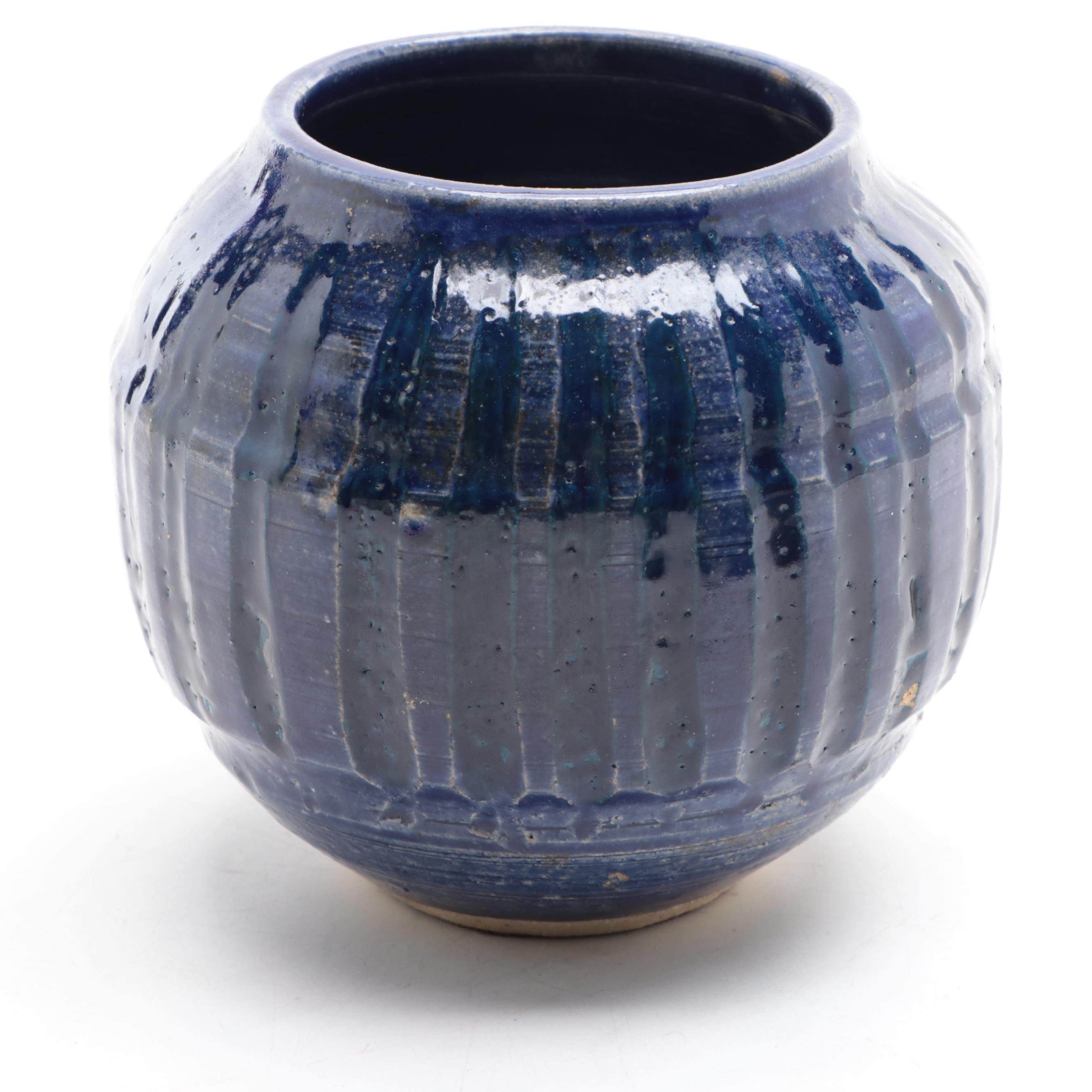 Two Studio Pottery Bowl Vases in Blue Glaze