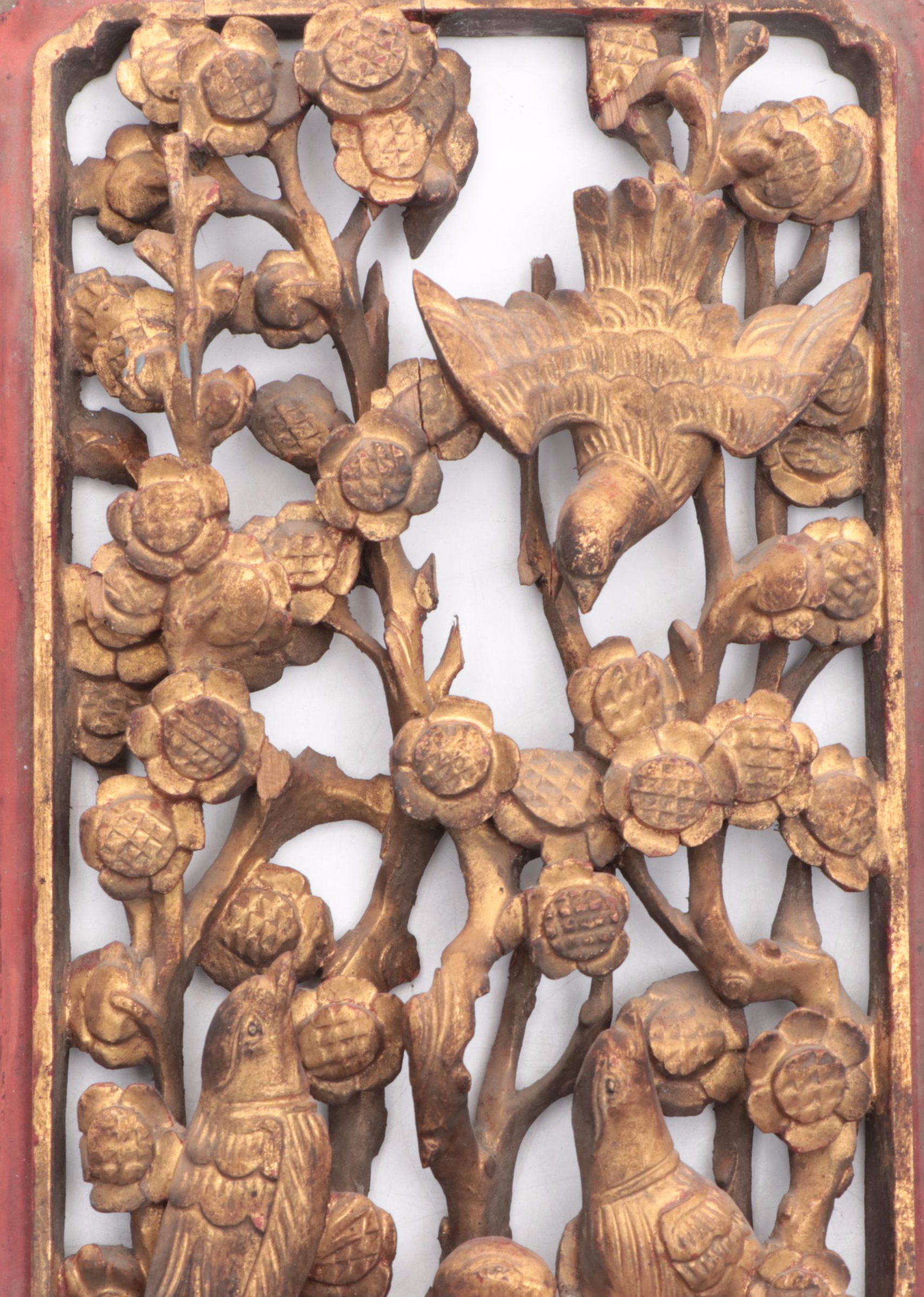 Chinese Carved, Painted and Parcel-Gilt Panel with Birds, Mid-20th Century
