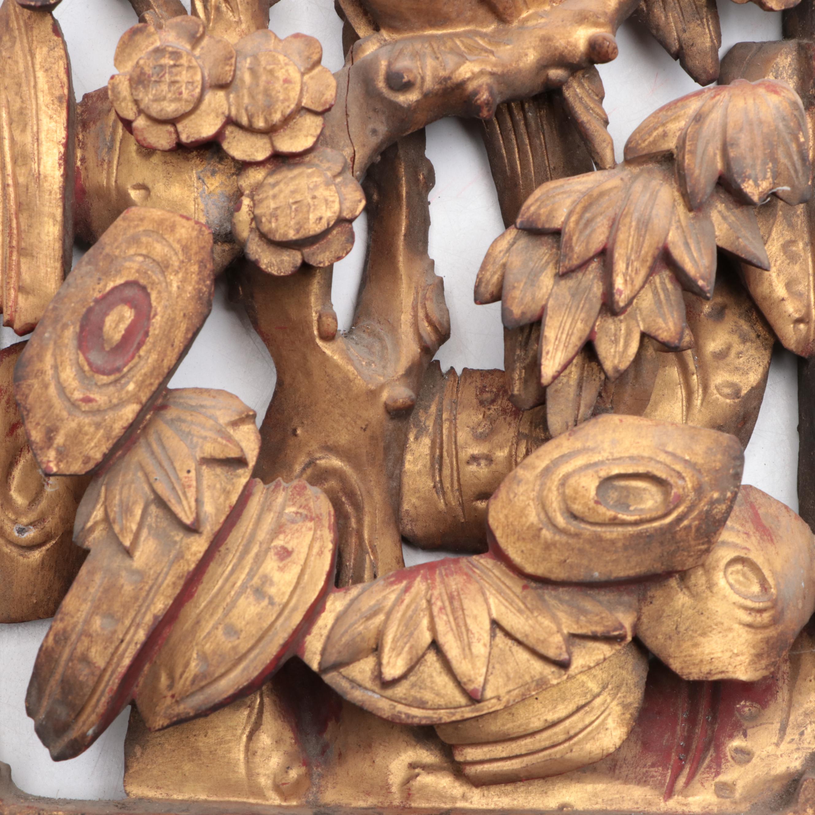 Chinese Carved, Painted and Parcel-Gilt Panel with Birds, Mid-20th Century