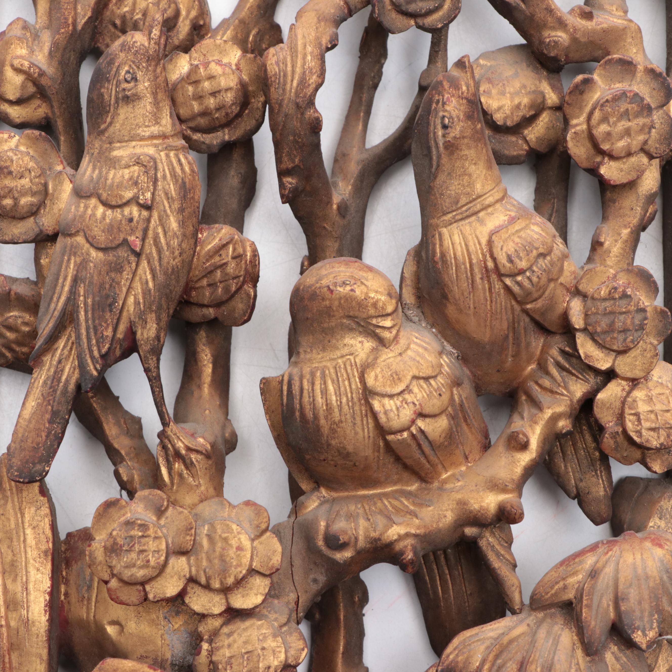 Chinese Carved, Painted and Parcel-Gilt Panel with Birds, Mid-20th Century